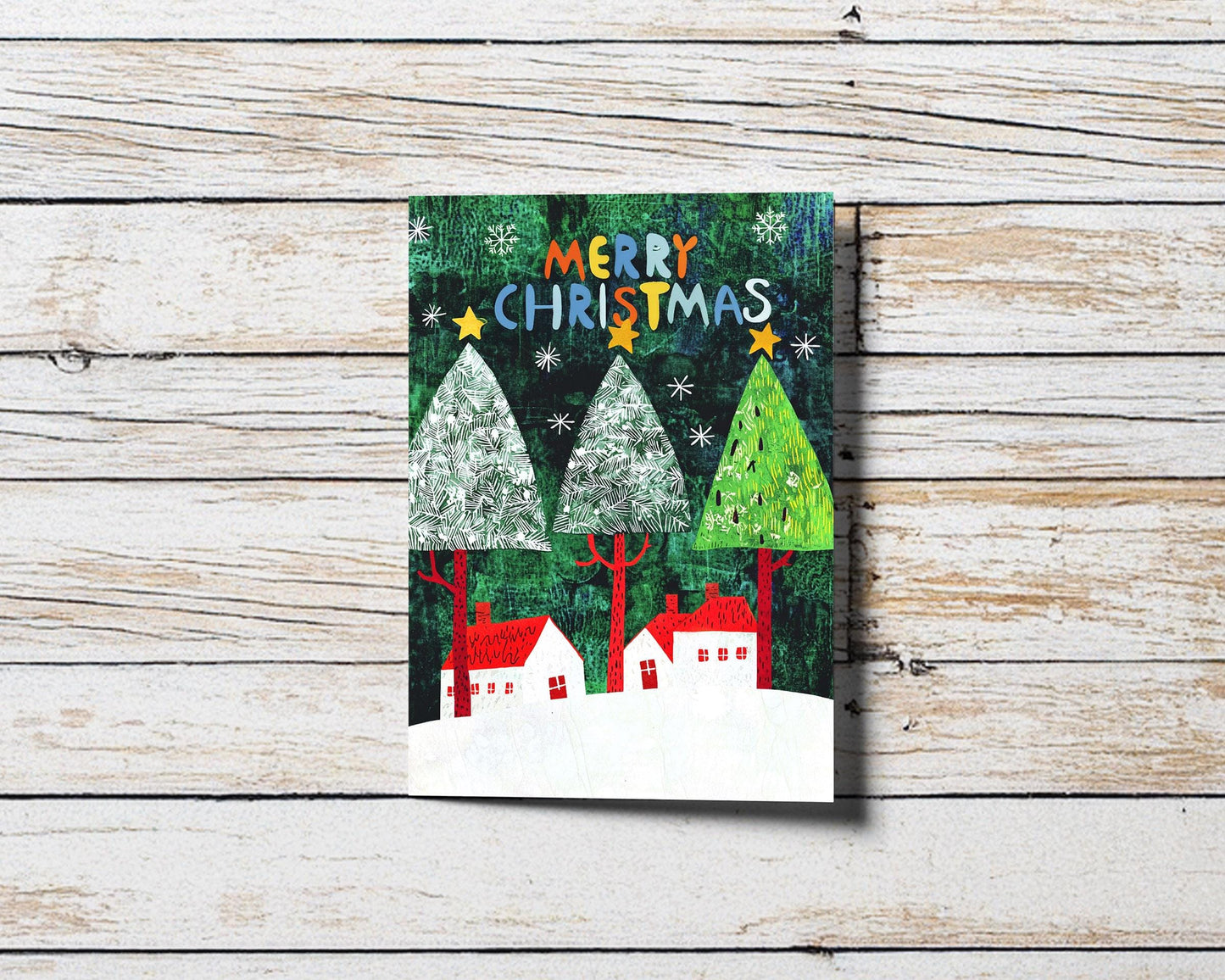 Festive Christmas Card Art Unique Xmas Greeting Handcrafted Design Colorful Trees Village Scene George Miller