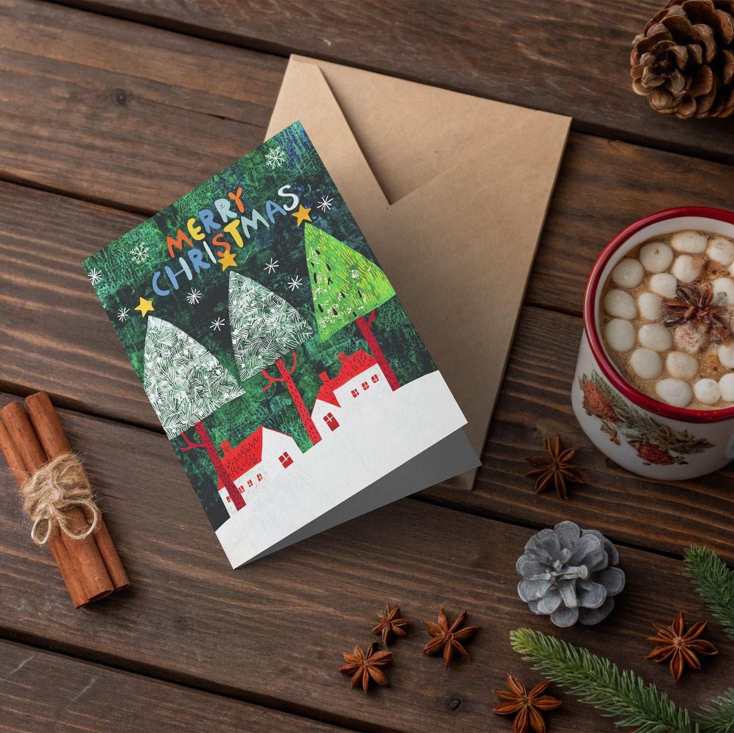Christmas Greeting Card Whimsical Folk Art Holiday Trees Colorful Illustration Artistic Design George Miller