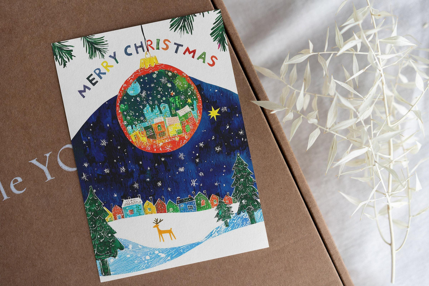 Nostalgic Christmas Card Whimsical Winter Scene Holiday Ornament Snowy Landscape Night Sky