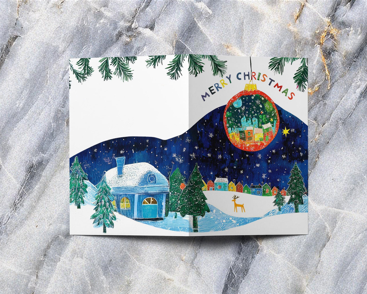 Festive Christmas Card Winter Wonderland Whimsical Art Holiday Ornament Snowy Scene Colorful Houses