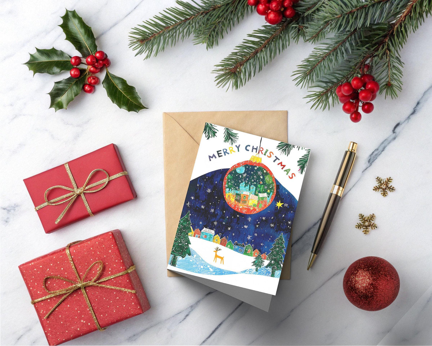 Enchanting Christmas Card Whimsical Art Winter Scene Holiday Ornament Snowy Landscape Night Sky