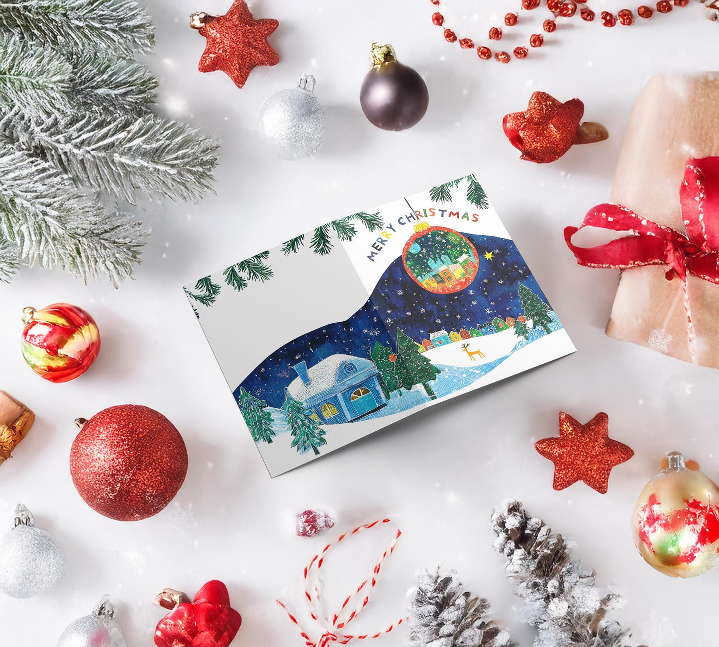 Cozy Christmas Greeting Card Winter Scene Holiday Ornament Snowy Landscape Colorful Houses