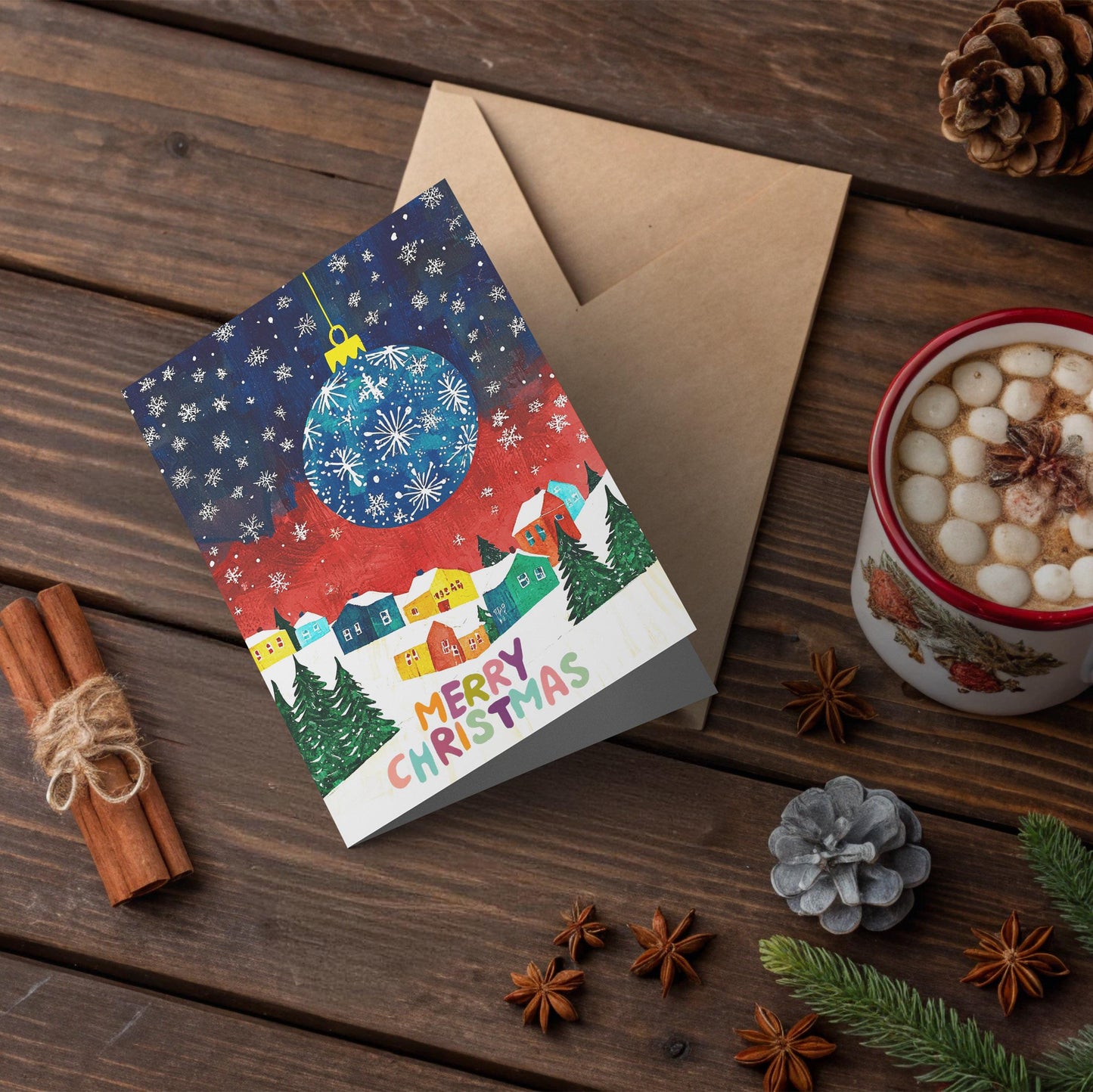 Whimsical Christmas Greeting | George Miller Art Card | Colorful Ornament and Village