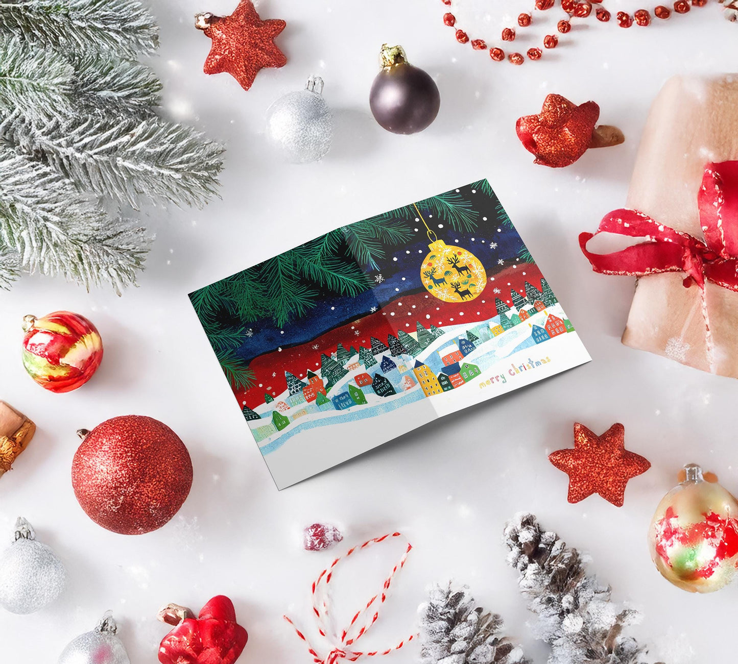 Whimsical Christmas Card Snowy Village Scene Colorful Houses Folk Art Style Holiday Greeting Card Festive Design