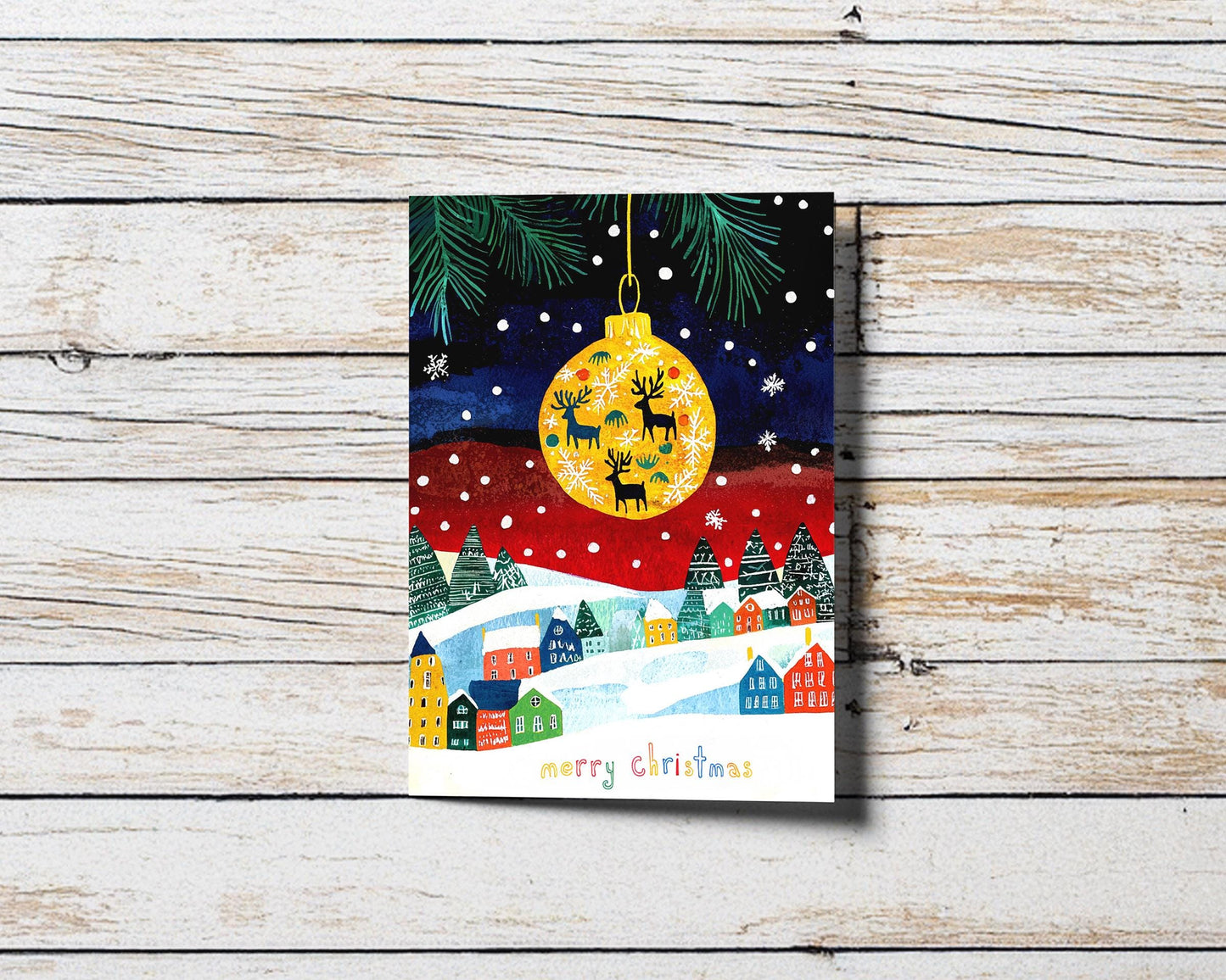 Charming Christmas Card Whimsical Winter Village Colorful Houses Snowy Scene Folk Art Style Holiday Greeting