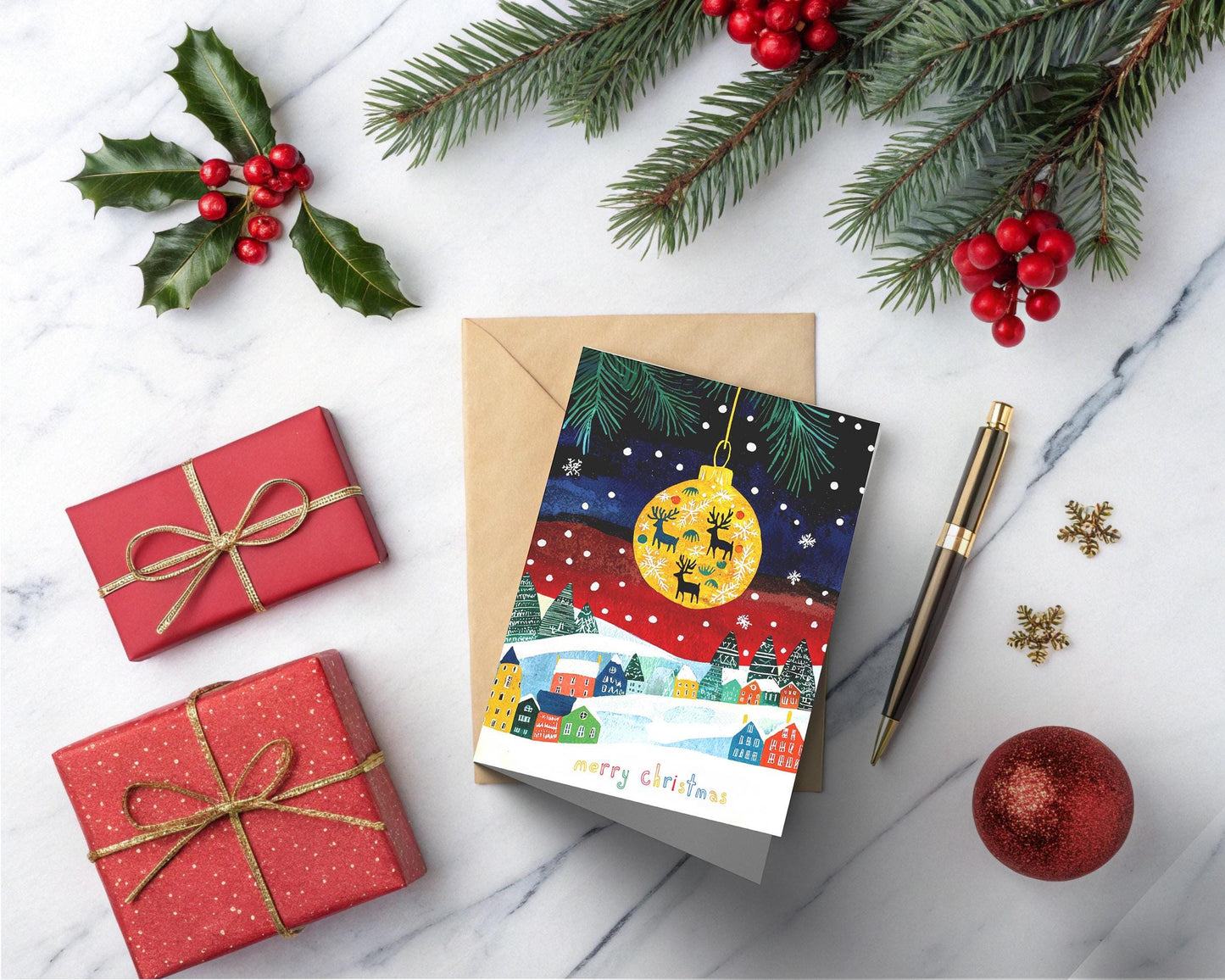 Festive Christmas Card Snowy Village Landscape Colorful Houses Holiday Ornament Reindeer Silhouette Design
