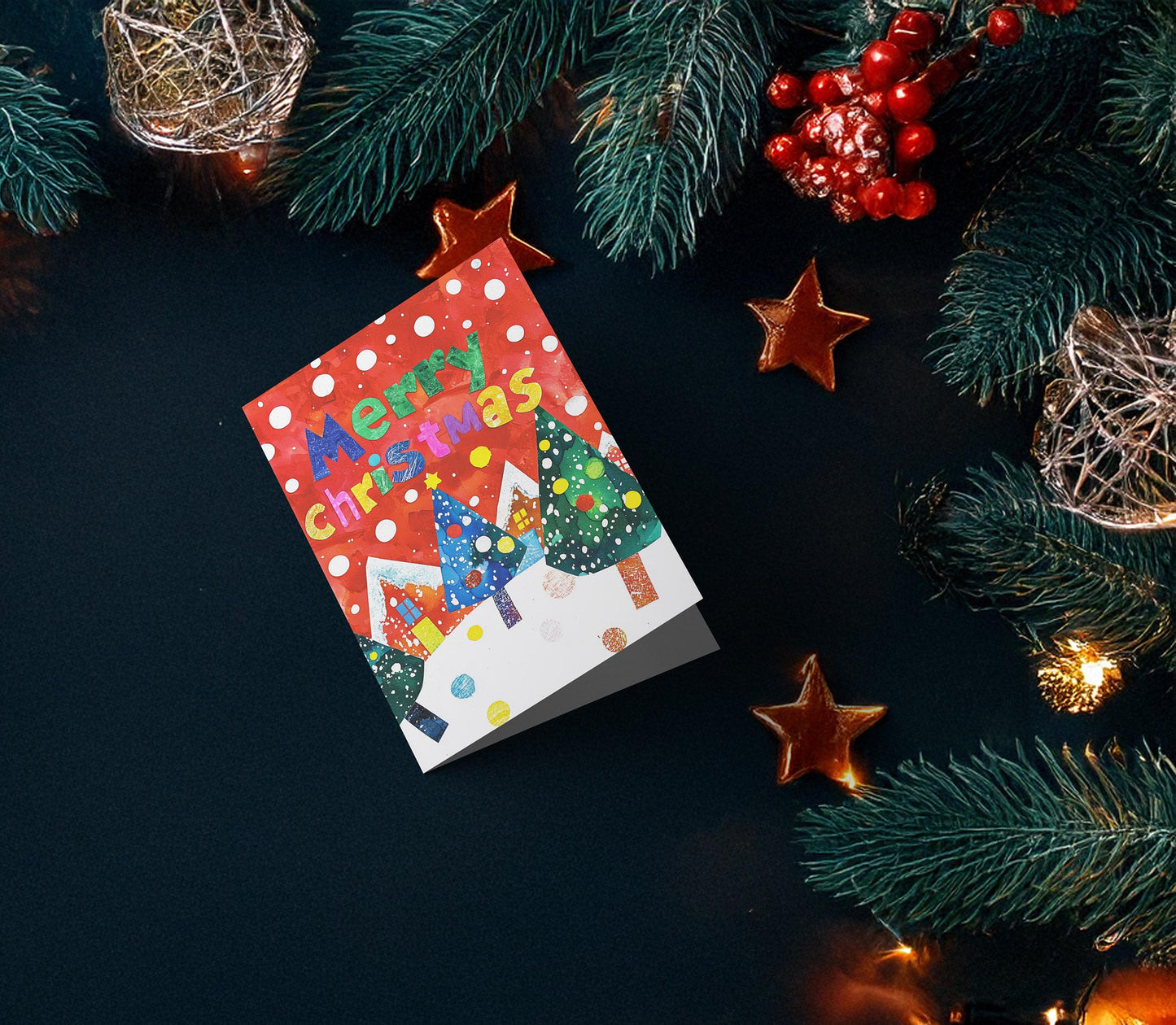 Playful Christmas Card Stylized Trees Houses Cheerful Art Print George Miller Holiday Design