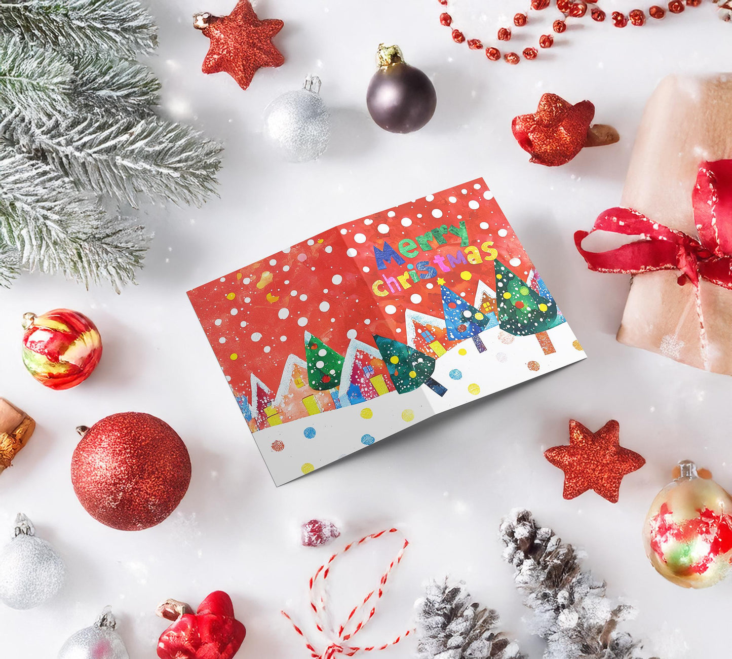 Merry Christmas Card Whimsical Design Vibrant Colors Festive Village Art Print Holiday Greeting