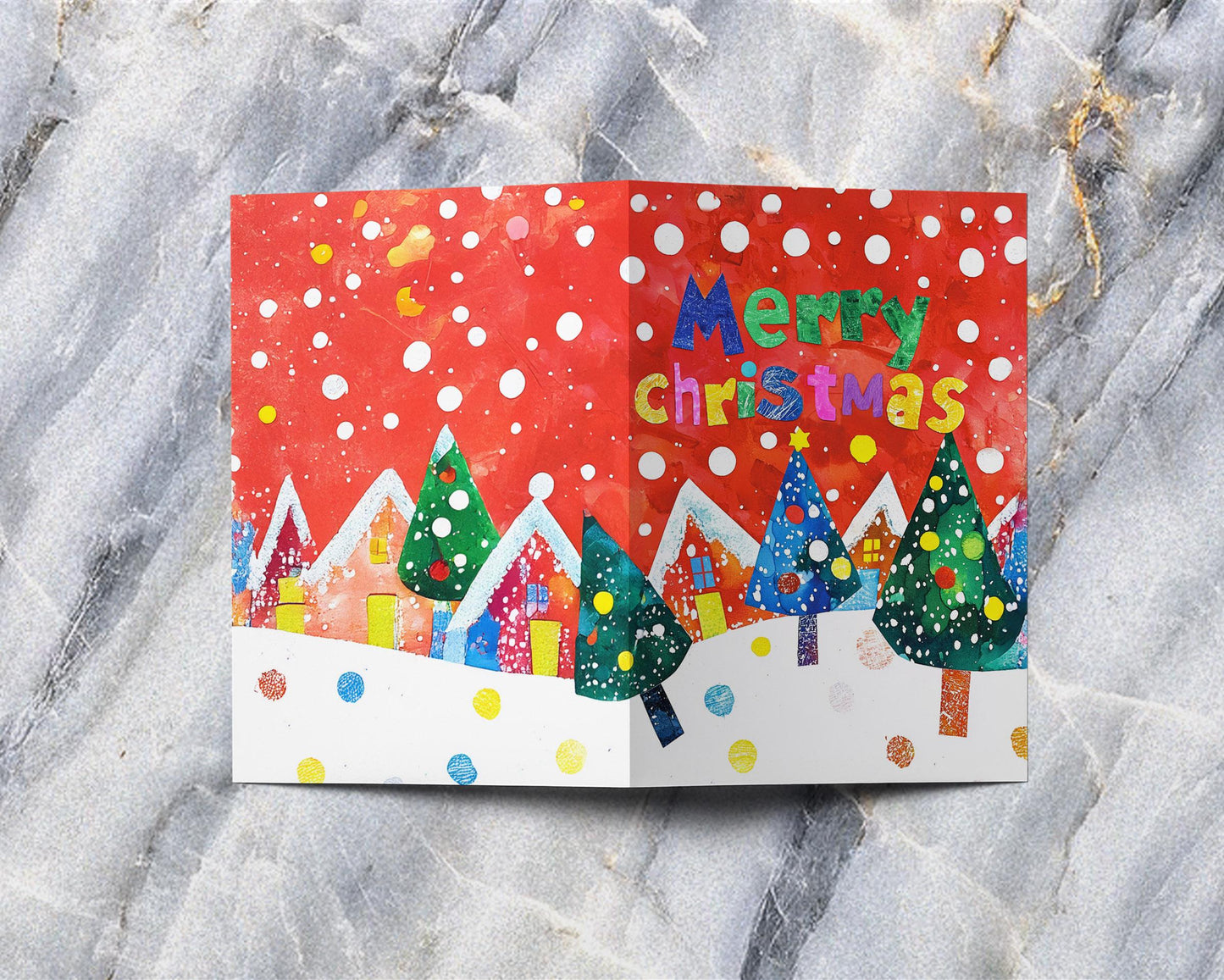 Joyful Christmas Card Design Colorful Trees Houses Scene Festive Art Print Holiday Message