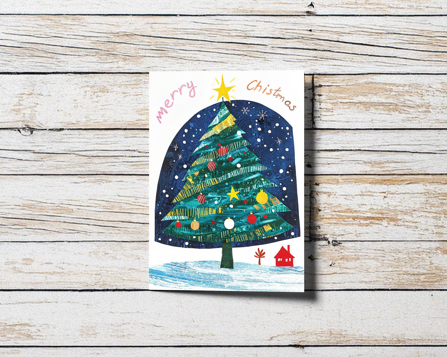 Artistic Christmas Greeting Card Starry Night Tree Scene Whimsical Holiday Art Print