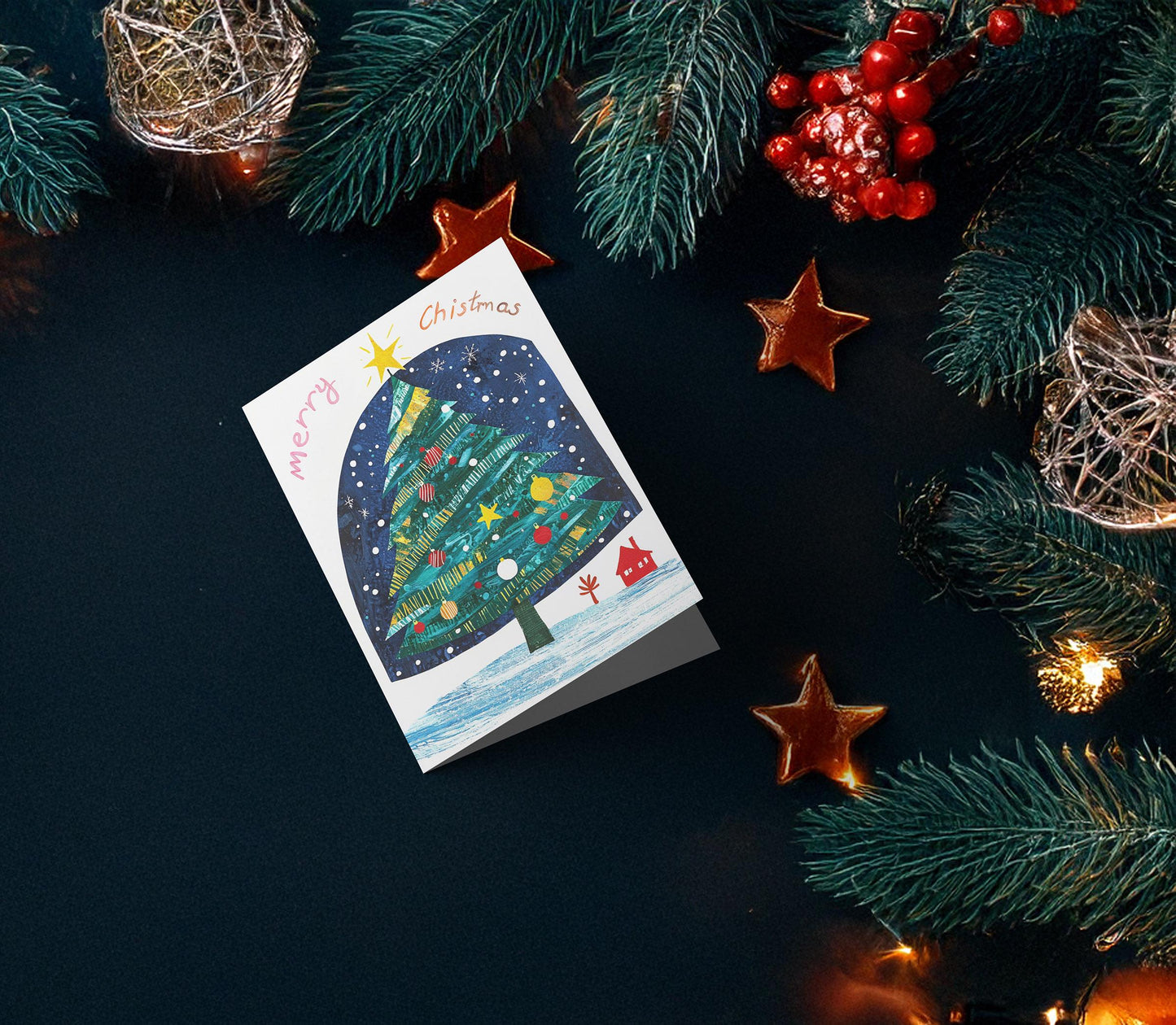 Christmas Card Whimsical Tree Night Sky Scene Artistic Holiday Greeting George Miller Art Print