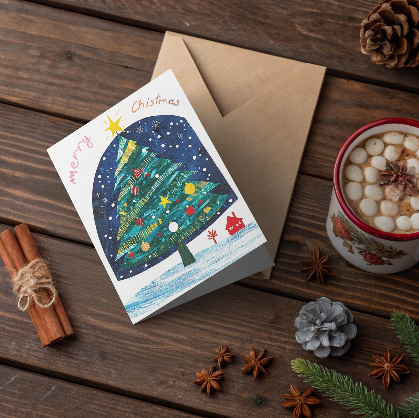Whimsical Merry Christmas Card Night Sky Tree Scene Colorful Art Print Holiday Design