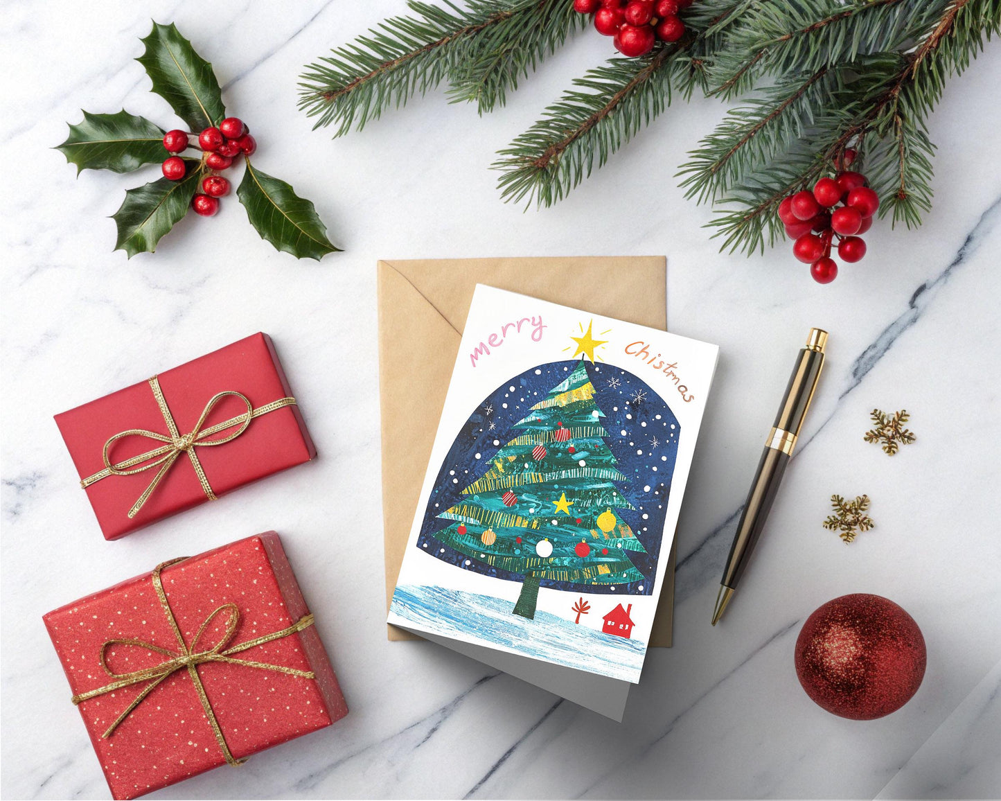 Creative Christmas Card Tree Stars Snow Scene Vibrant Colors Festive Art Print George Miller