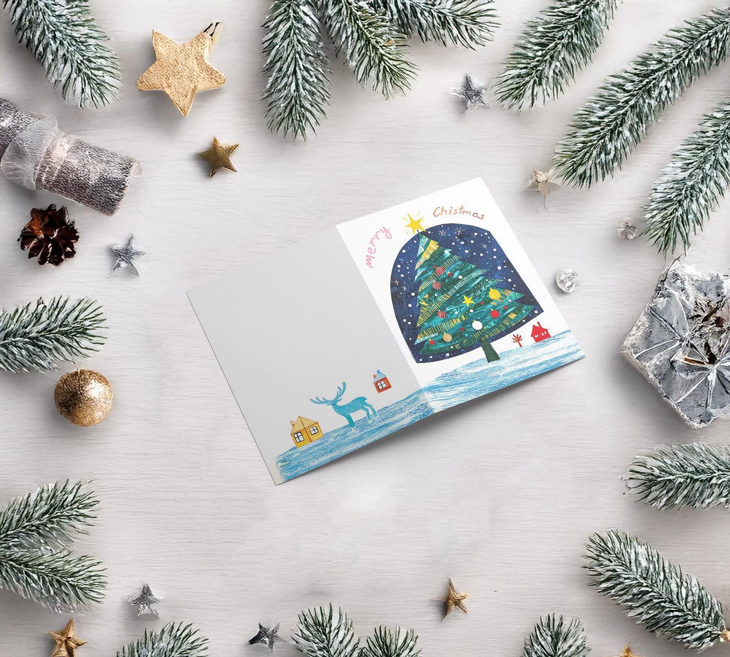 Modern Christmas Card Whimsical Tree Night Sky Art Print Unique Festive Message George Miller