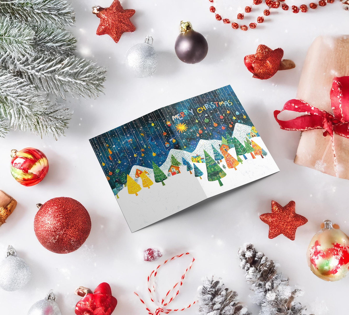 Festive Night Scene Card | George Miller Christmas Design | Colorful Holiday Illustration
