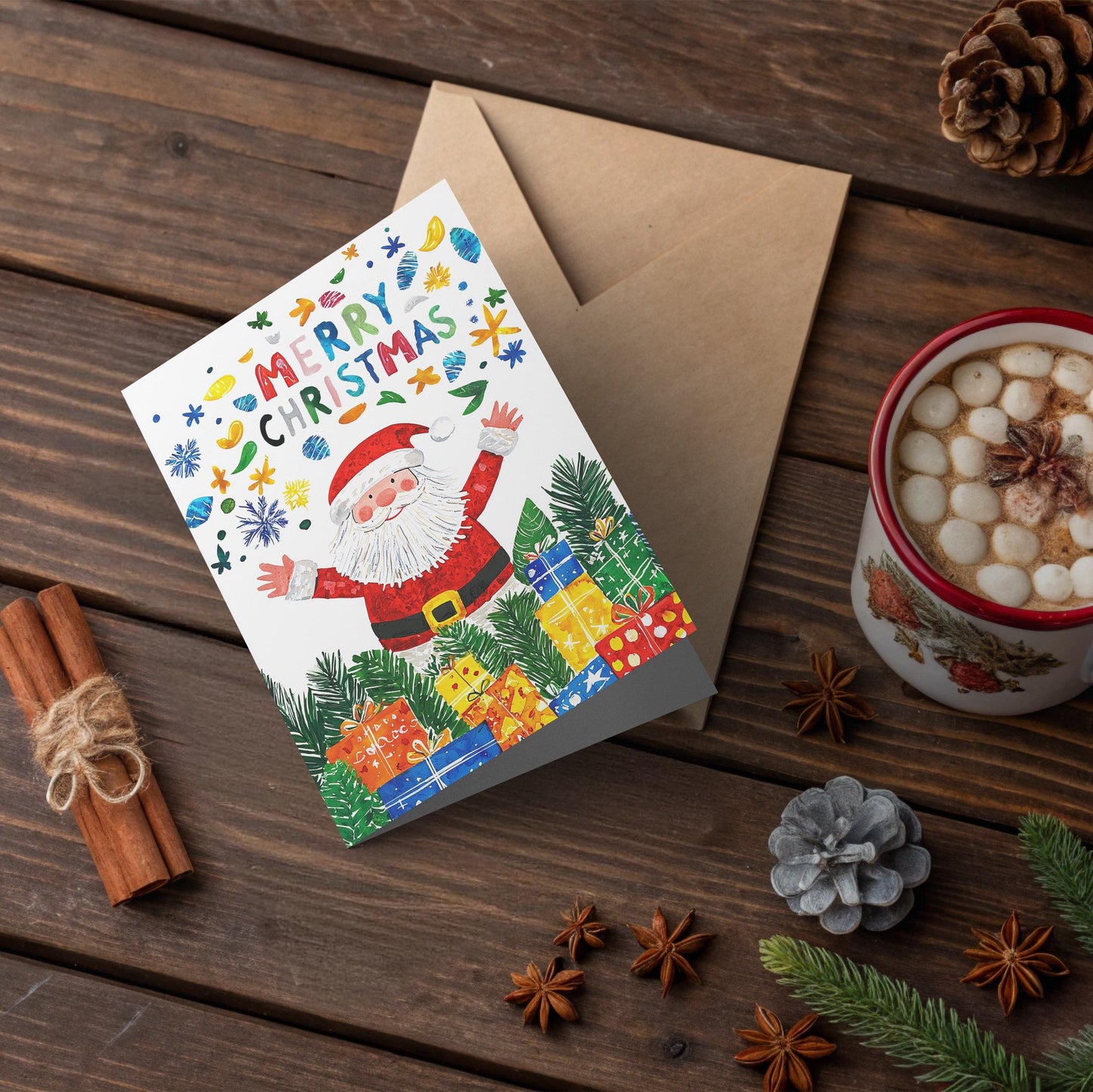 Christmas Greeting Card Jolly Santa Presents Festive Design Colorful Holiday Joy Kids Gift Giving