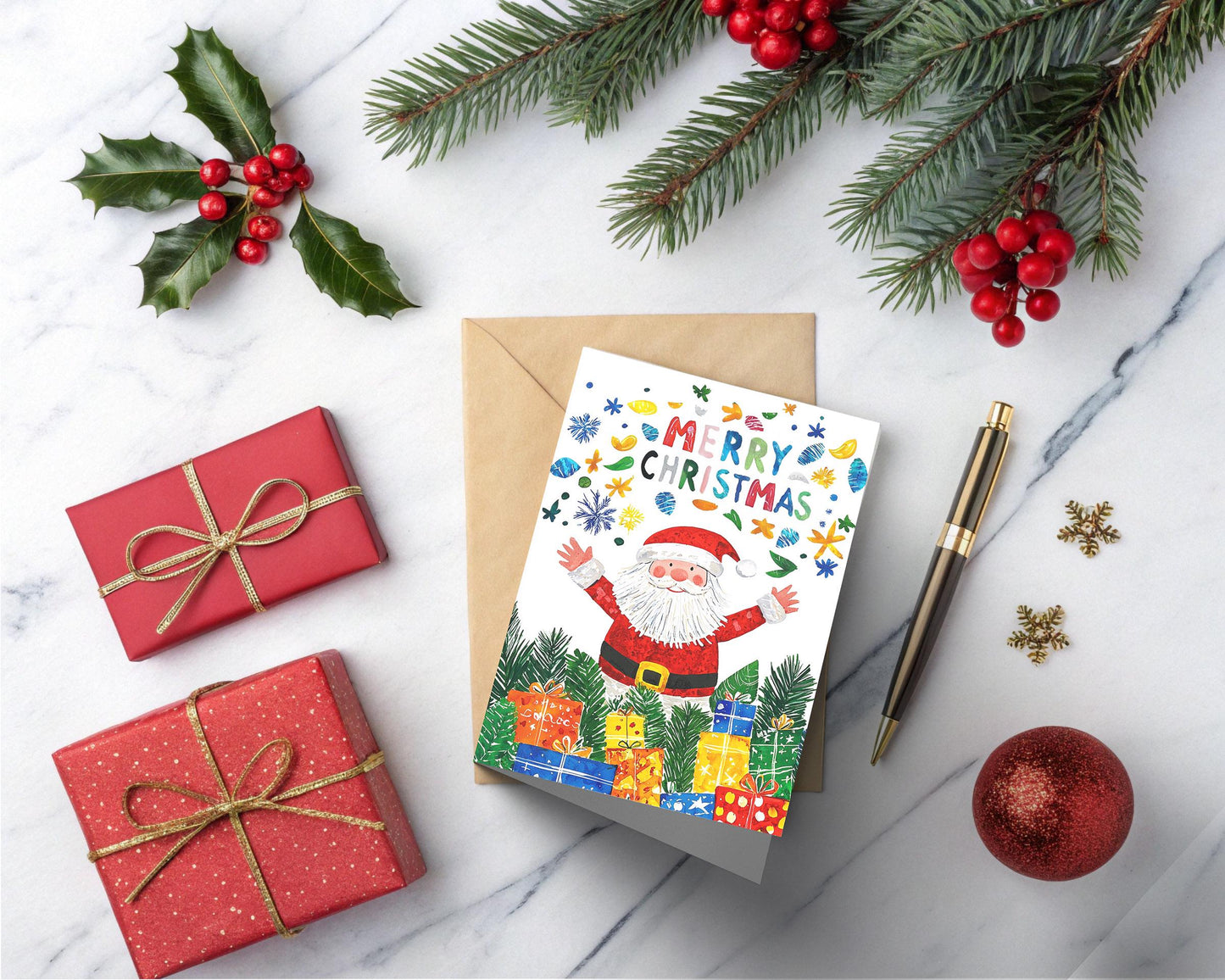 Cheerful Santa Christmas Card Merry Christmas Lettering Colorful Presents Holiday Magic Greeting