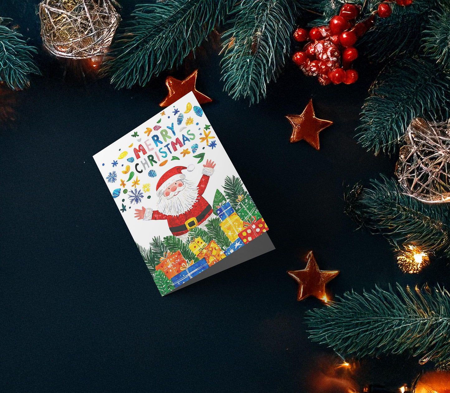 Holiday Card with Santa Festive Design Colorful Christmas Joy Kids Greeting Presents Snowflakes
