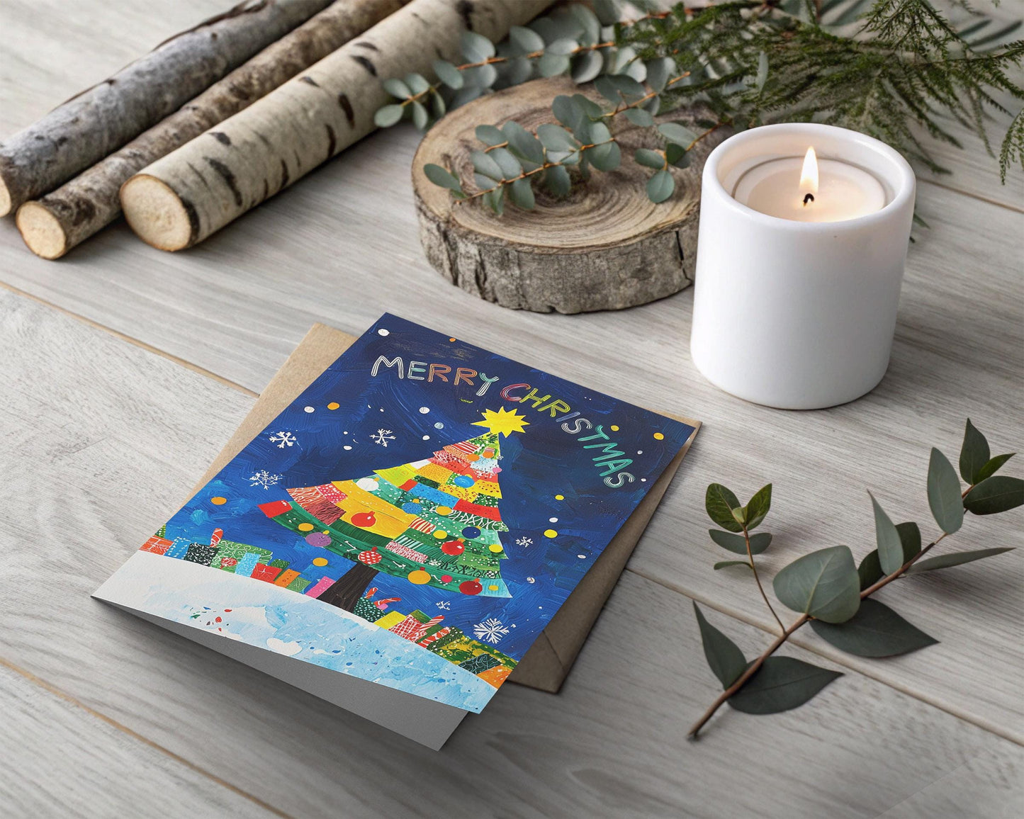 Playful Christmas Greeting Card Colorful Tree Design Festive Art Print Unique Holiday Message
