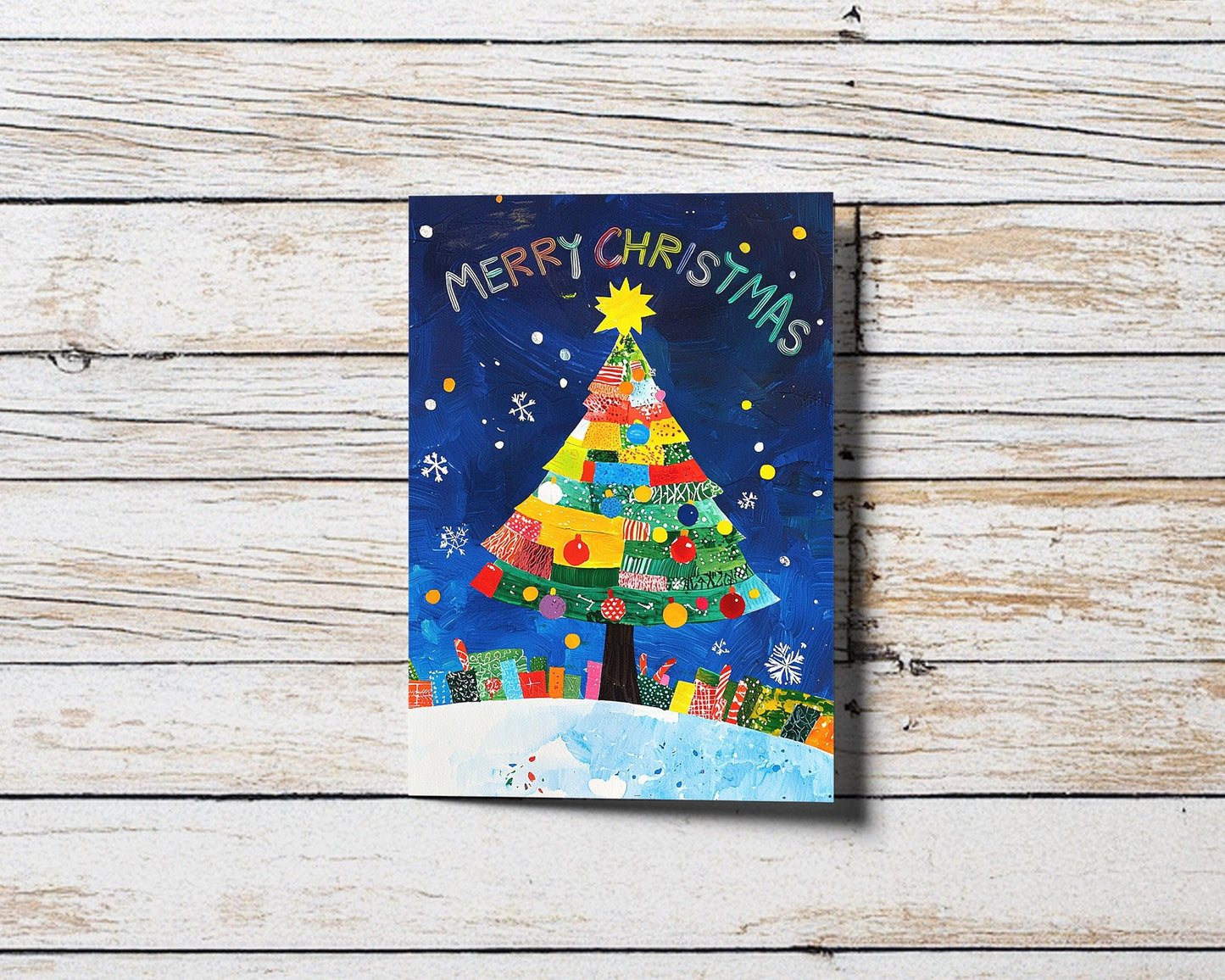 Merry Christmas Card Whimsical Design Vibrant Colors Festive Tree Art Print Holiday Greeting