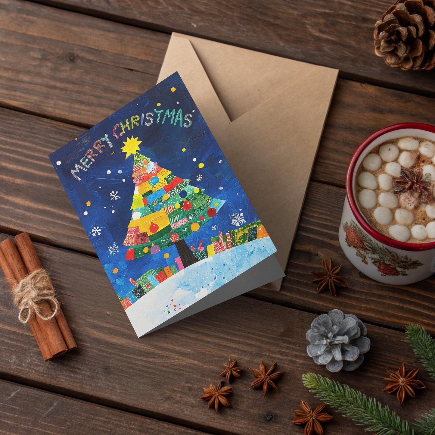 Modern Christmas Card Vibrant Tree Night Sky Art Print George Miller Holiday Greeting