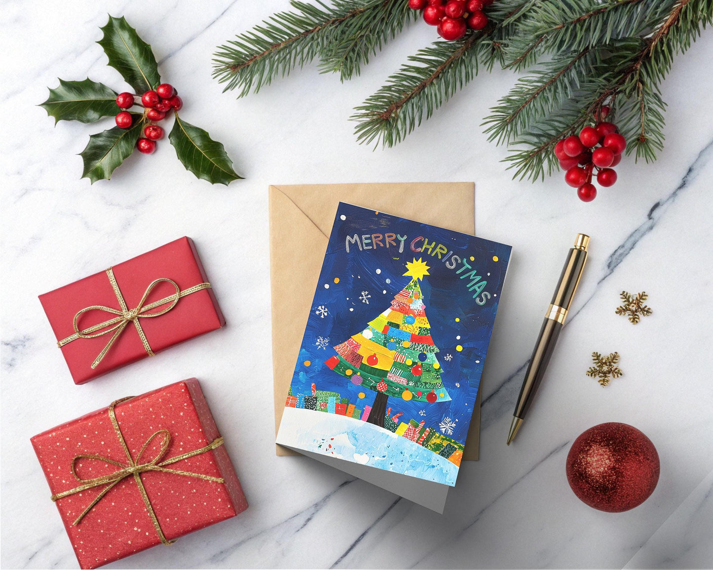 Whimsical Merry Christmas Card Colorful Patchwork Tree Art Print Festive Holiday Design
