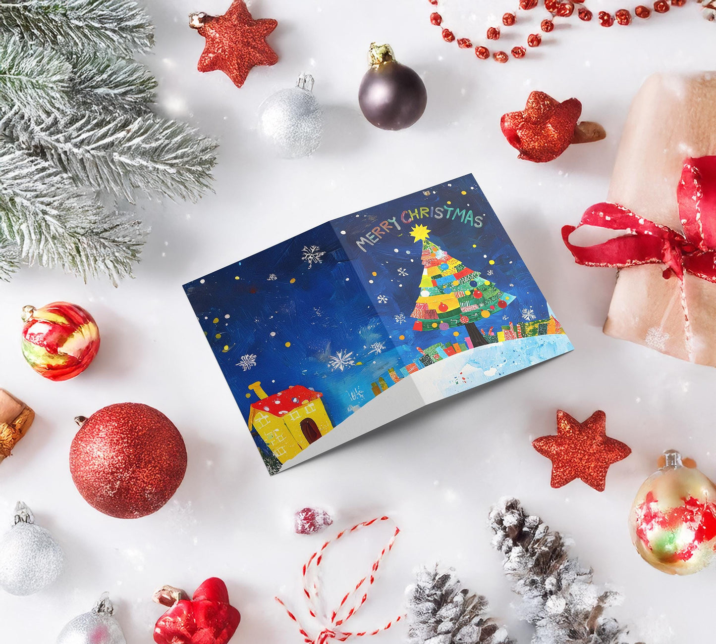 Cheerful Christmas Card Night Scene Colorful Tree Art Print George Miller Holiday Greeting