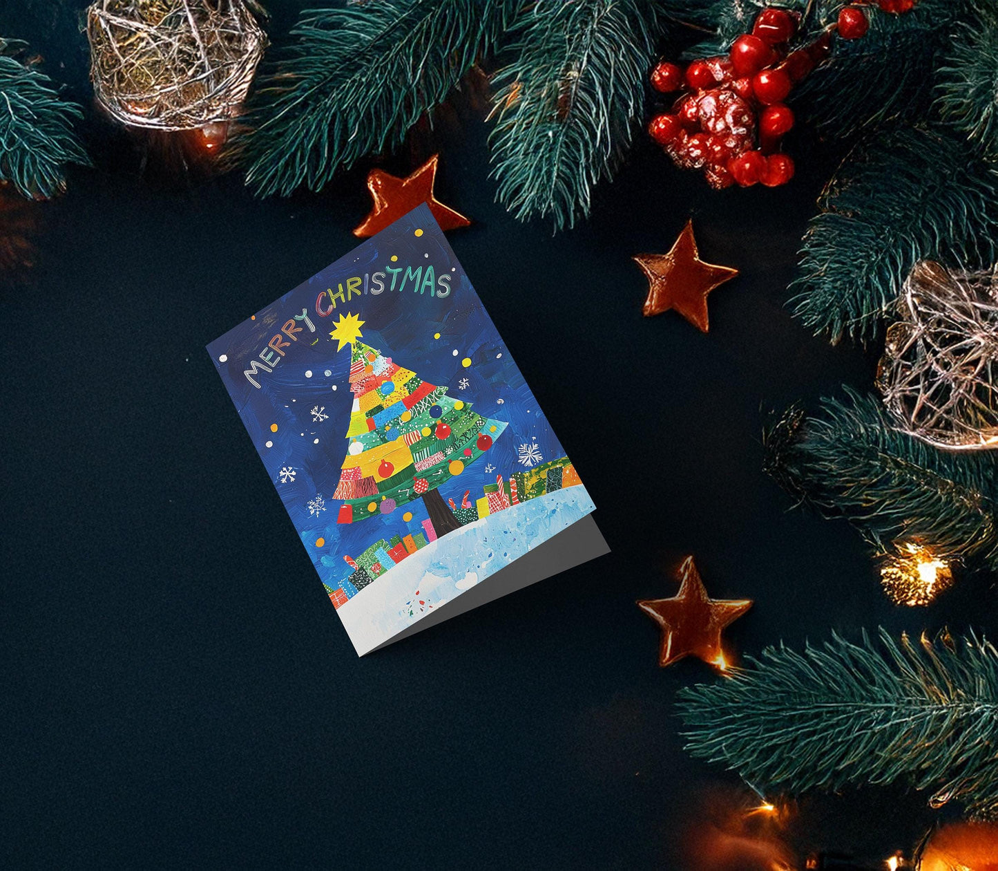 Imaginative Christmas Greeting Card Colorful Tree Design Whimsical Art Print Holiday Message