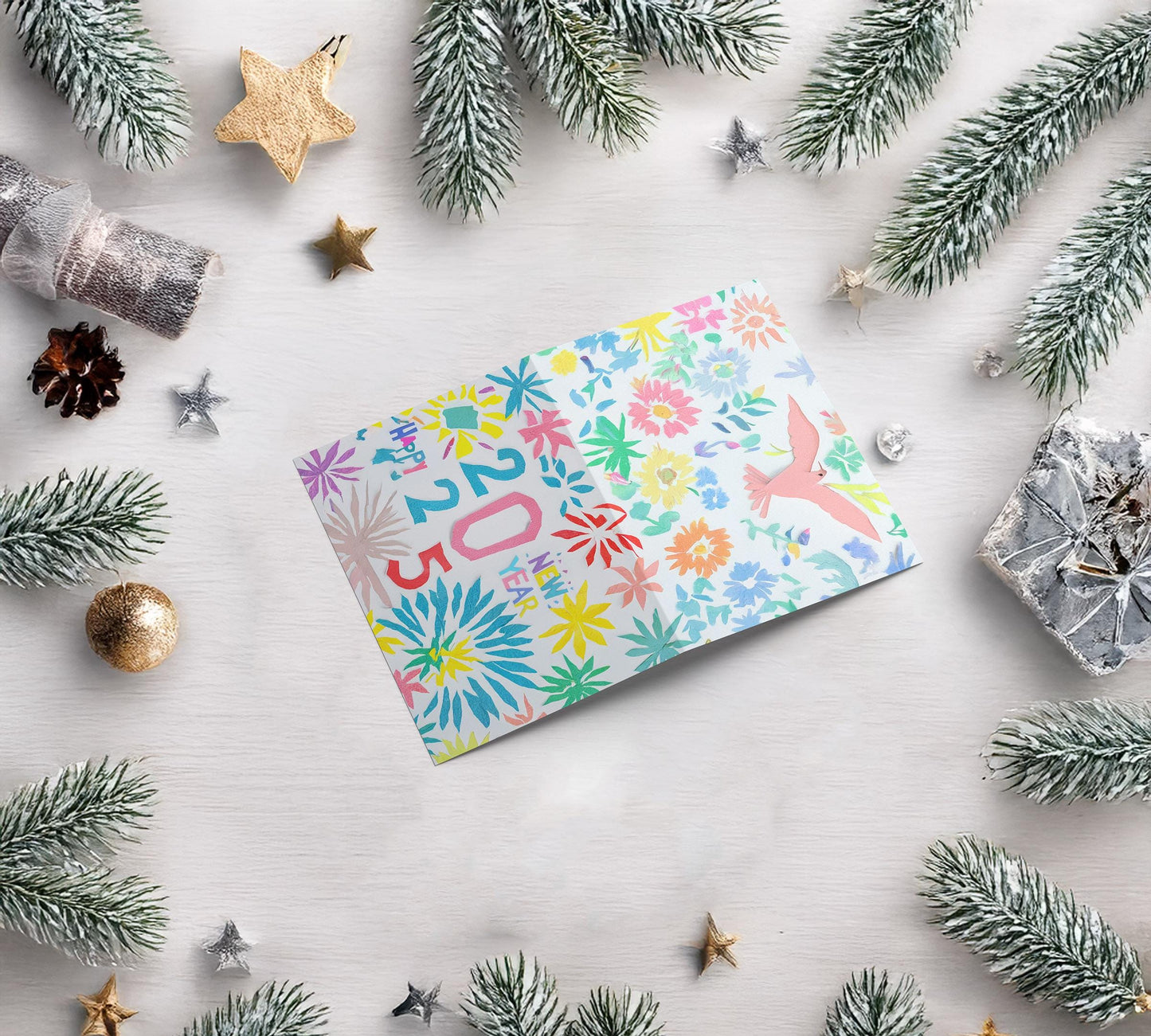 Colorful 2025 New Year Card Floral Starburst Design Festive Greeting Art Print Unique Handmade George Miller