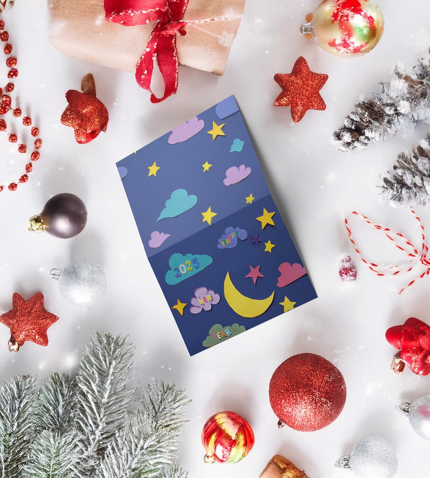 2025 Magical Greeting | Night Sky New Year Card | Cheerful Cloud Design | Artistic Paper Cut Style