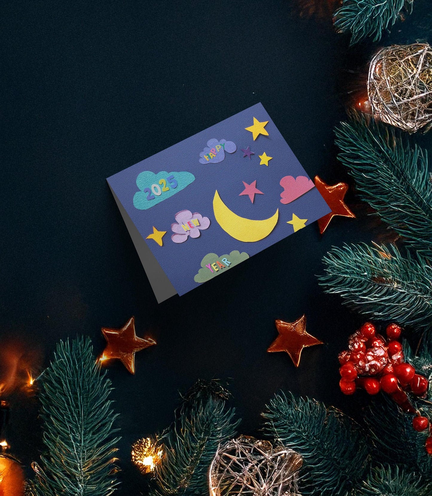 Happy 2025 Card | Whimsical Night Scene | Colorful New Year Wish | Moon and Stars Art | Joyful Design