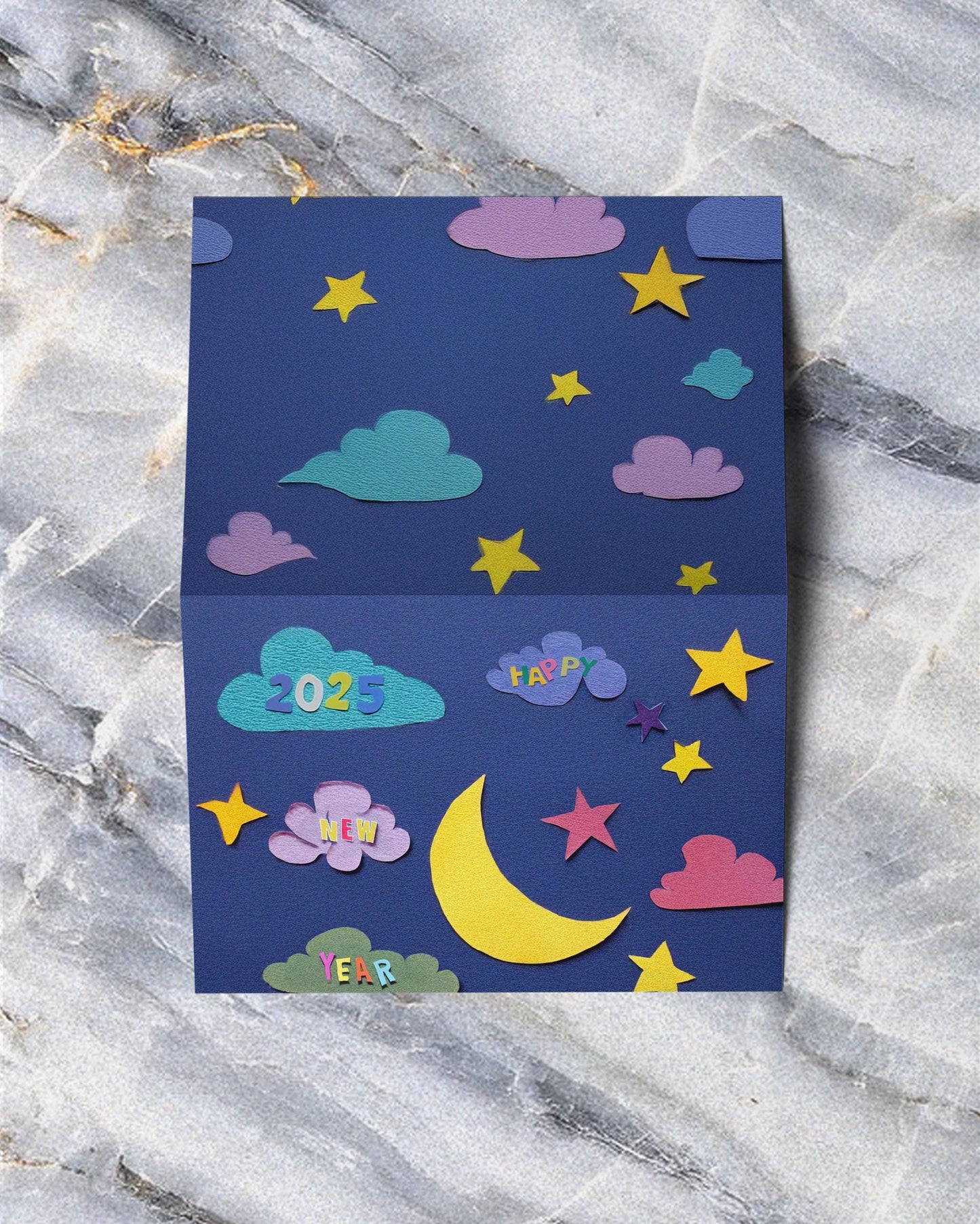 Whimsical 2025 Greeting | Colorful New Year Night | Paper Cut Moon Design | Joyful Card Art