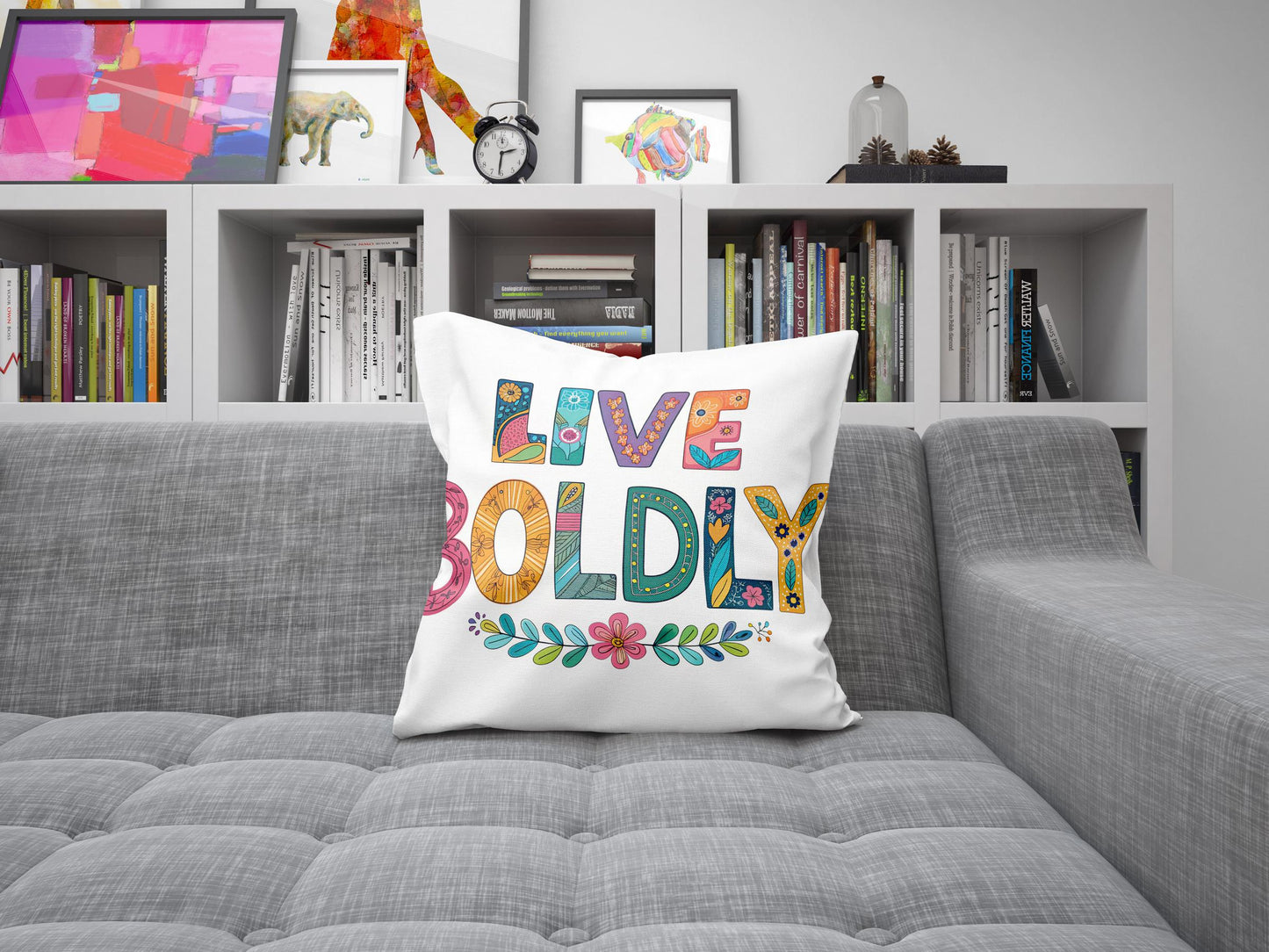 Hand Drawn 'Live Boldly' Decorative Pillow | Colorful Folk Art Design | Unique Home Accent