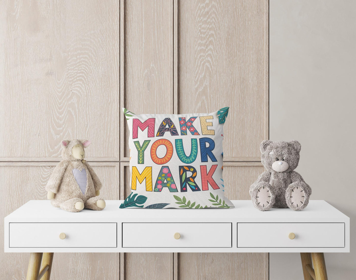 Bohemian Floral Throw Pillow | Vibrant 'Make Your Mark' Typography | Positive Message Decor