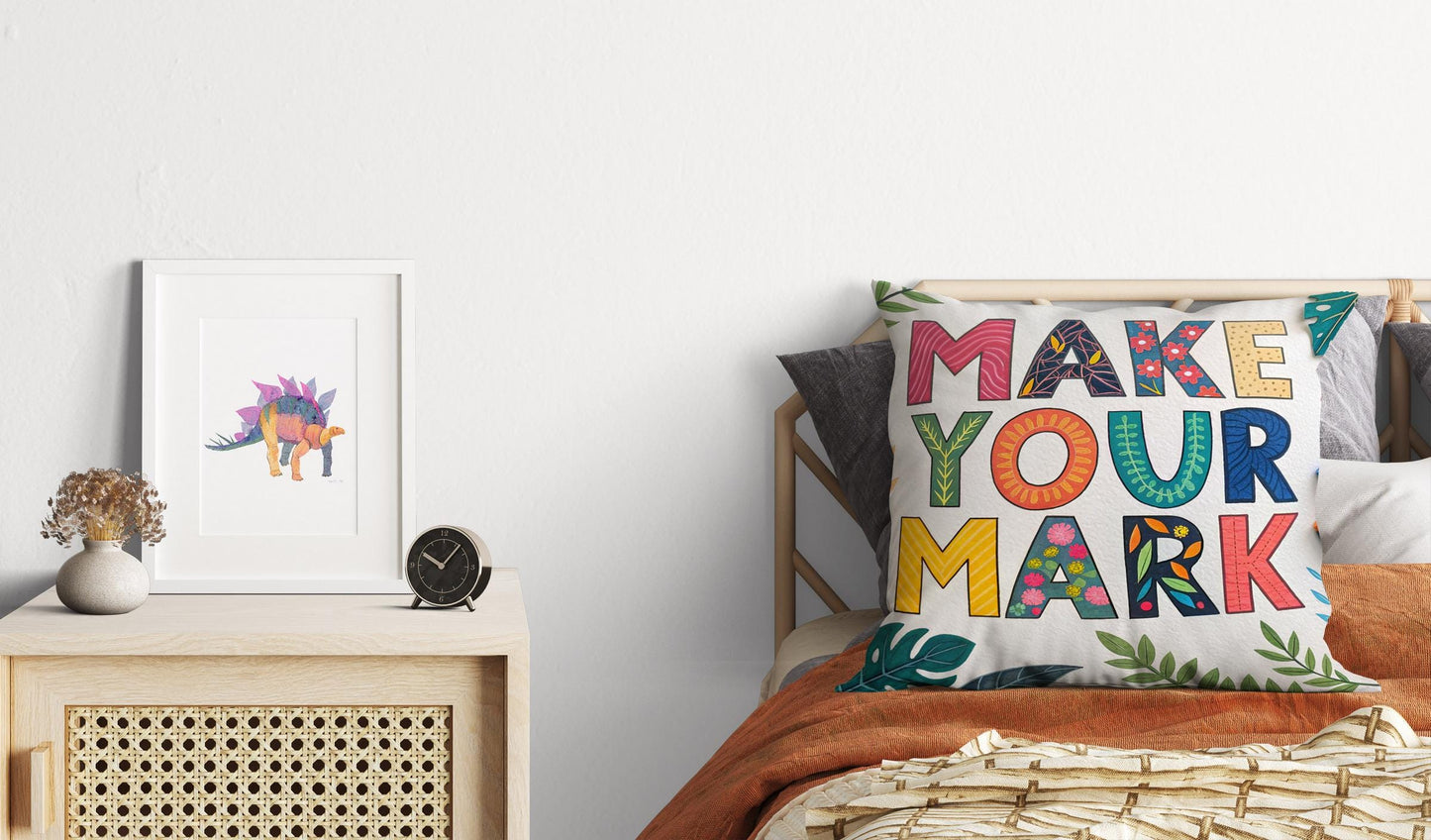 Bohemian Floral Throw Pillow | Vibrant 'Make Your Mark' Typography | Positive Message Decor