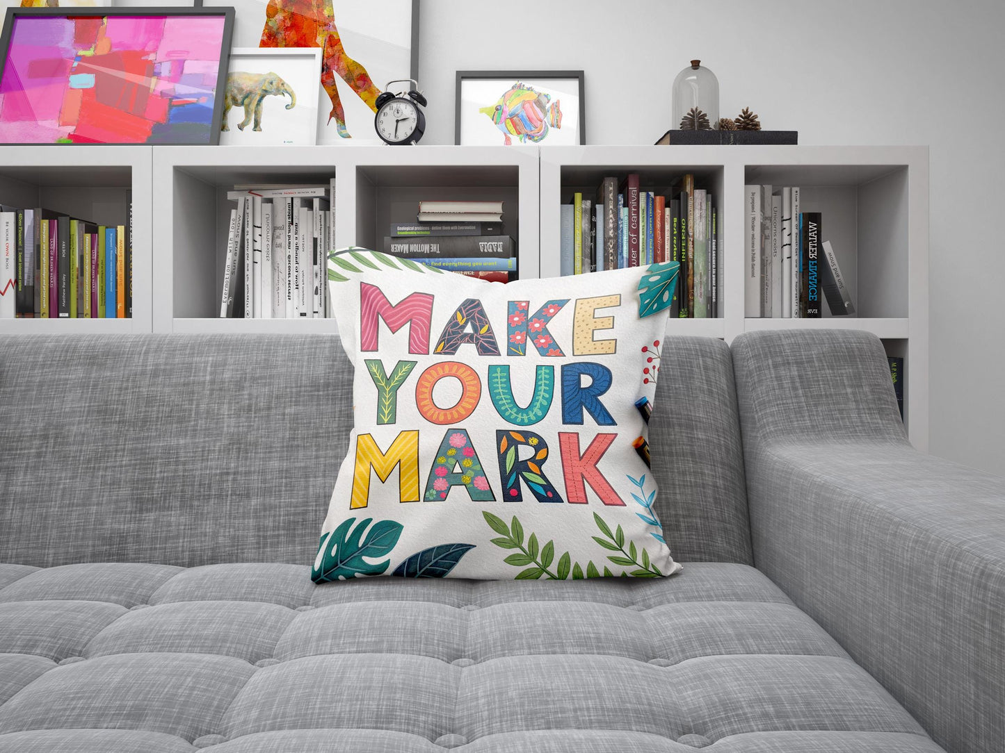 Bohemian Floral Throw Pillow | Vibrant 'Make Your Mark' Typography | Positive Message Decor