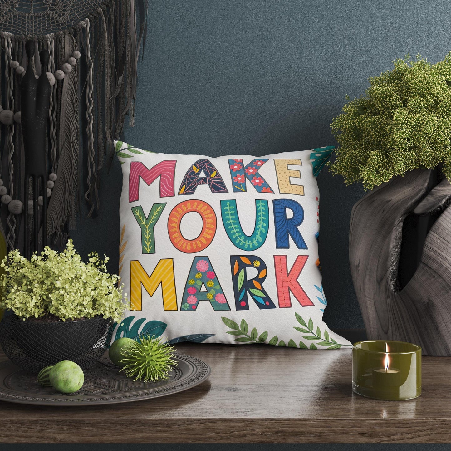 Bohemian Floral Throw Pillow | Vibrant 'Make Your Mark' Typography | Positive Message Decor