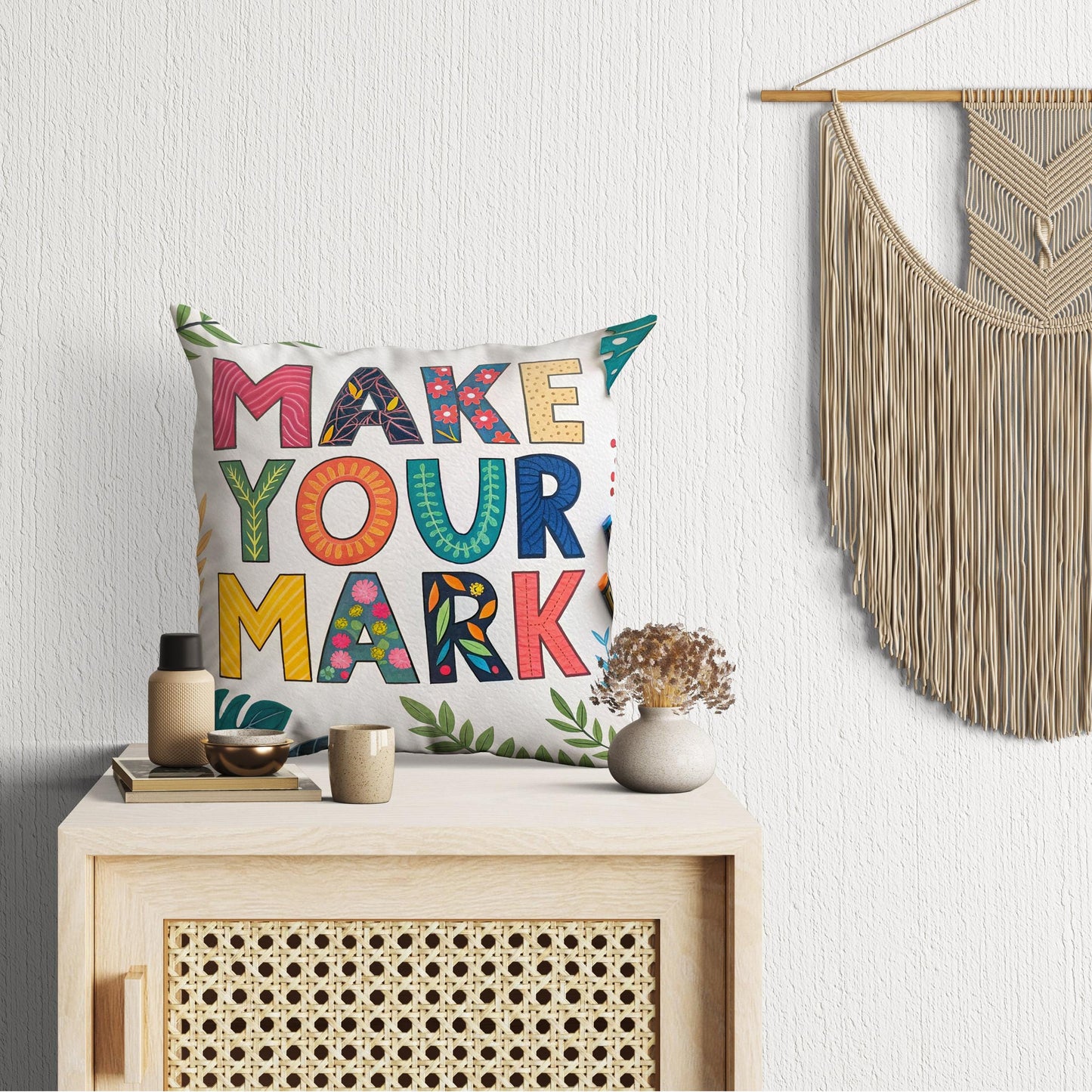 Bohemian Floral Throw Pillow | Vibrant 'Make Your Mark' Typography | Positive Message Decor