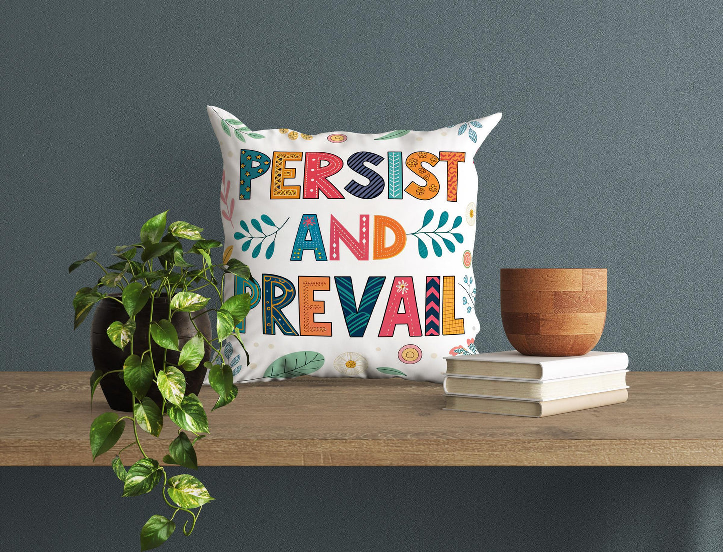 Hand Lettered 'Persist and Prevail' Pillow | Colorful Folk Art | Encouraging Room Accent
