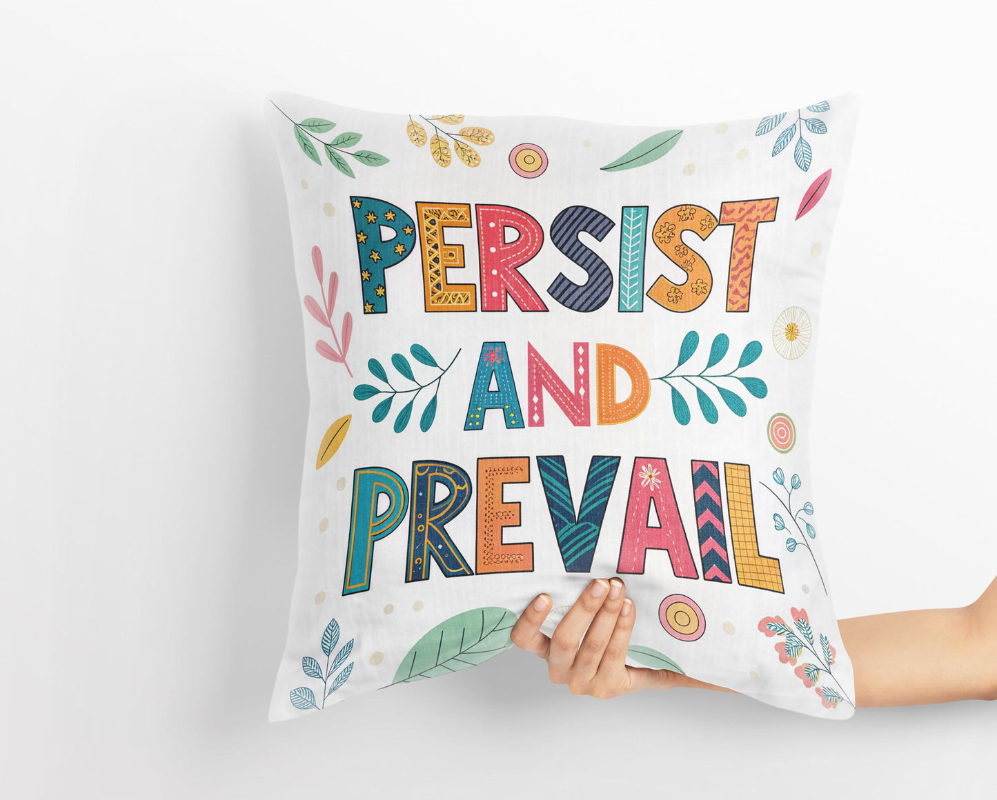 Hand Lettered 'Persist and Prevail' Pillow | Colorful Folk Art | Encouraging Room Accent