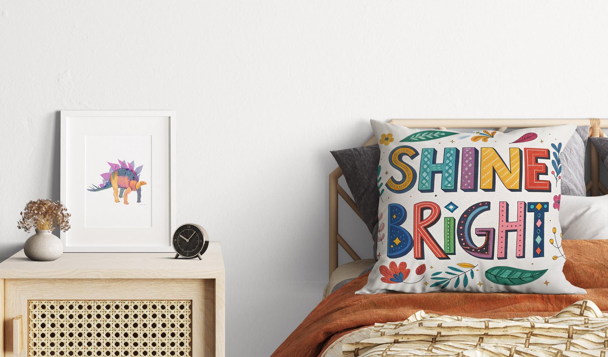 Colorful 'Shine Bright' Throw Pillow | Floral Typography | Whimsical Home Accent