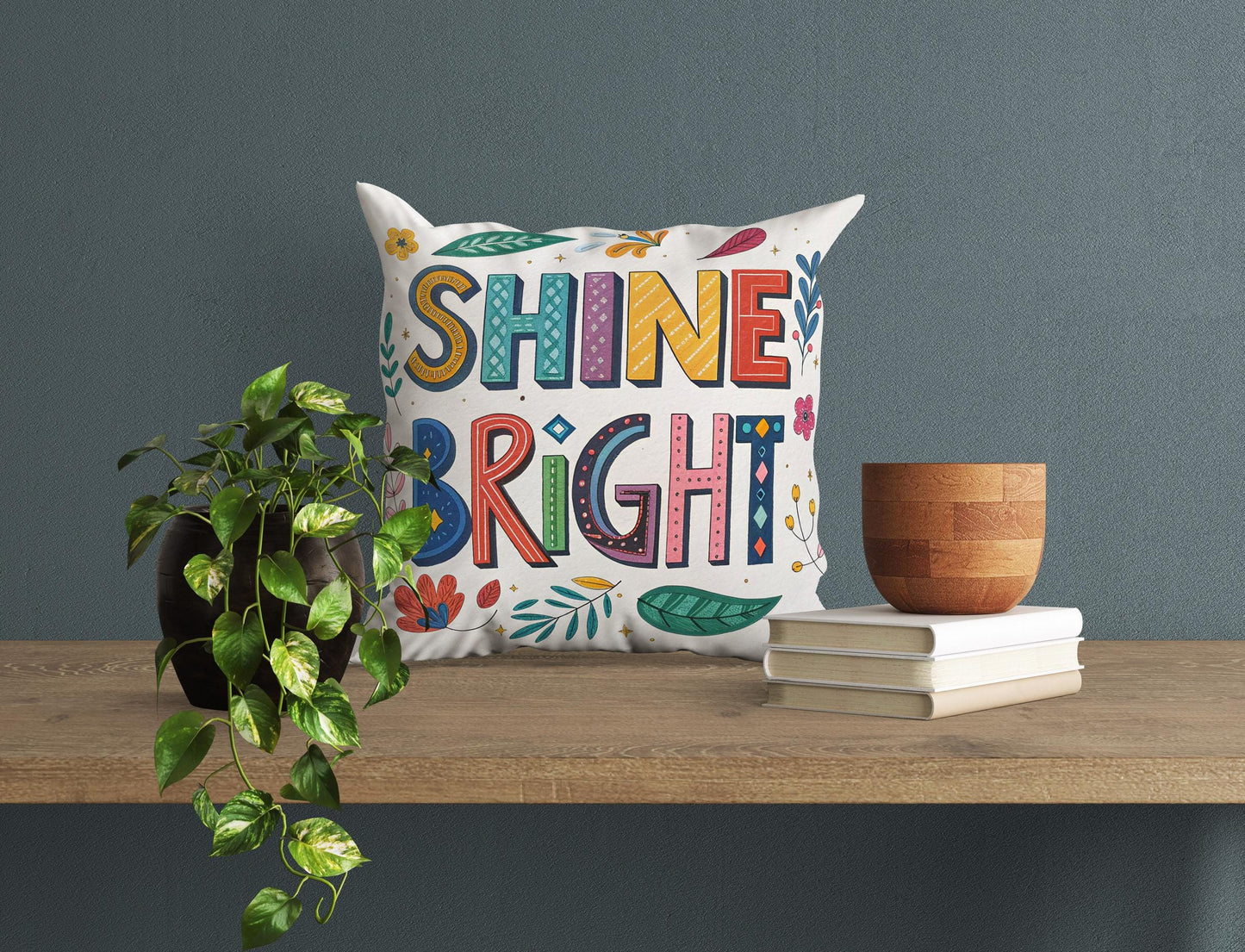 Floral Typography Pillow | 'Shine Bright' Quote | Bohemian Home Accent