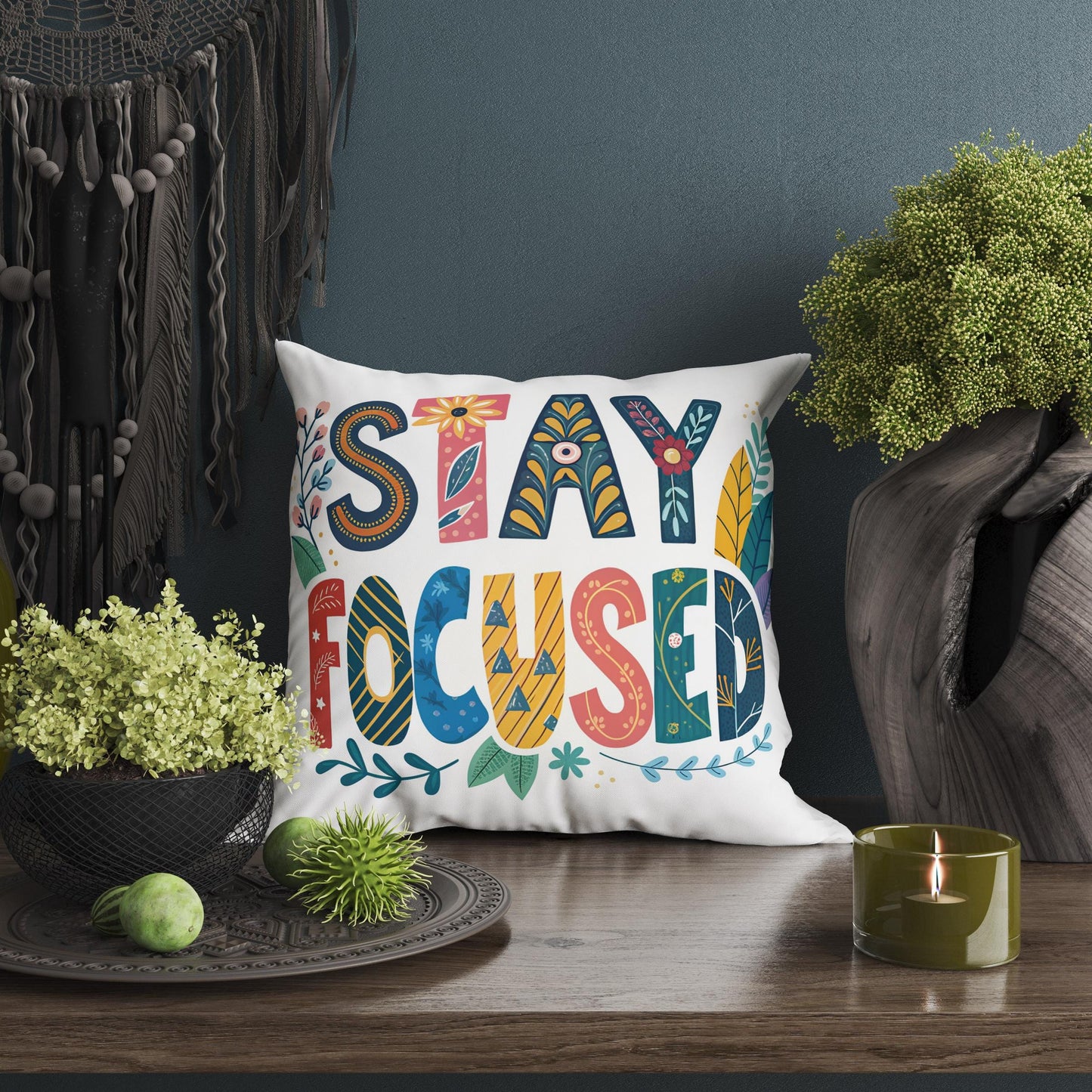 Bohemian 'Stay Focused' Cushion | Motivational Office Decor | Inspirational Gift