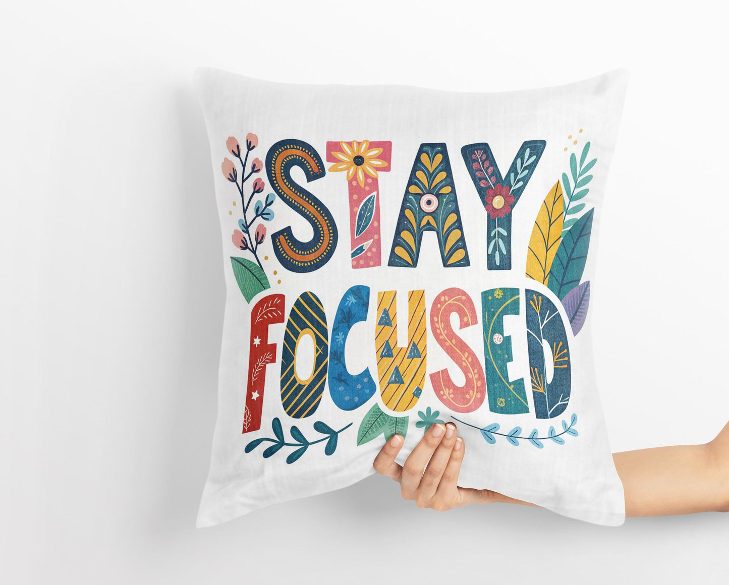 Floral Typography Pillow | 'Stay Focused' Quote | Bohemian Home Accent