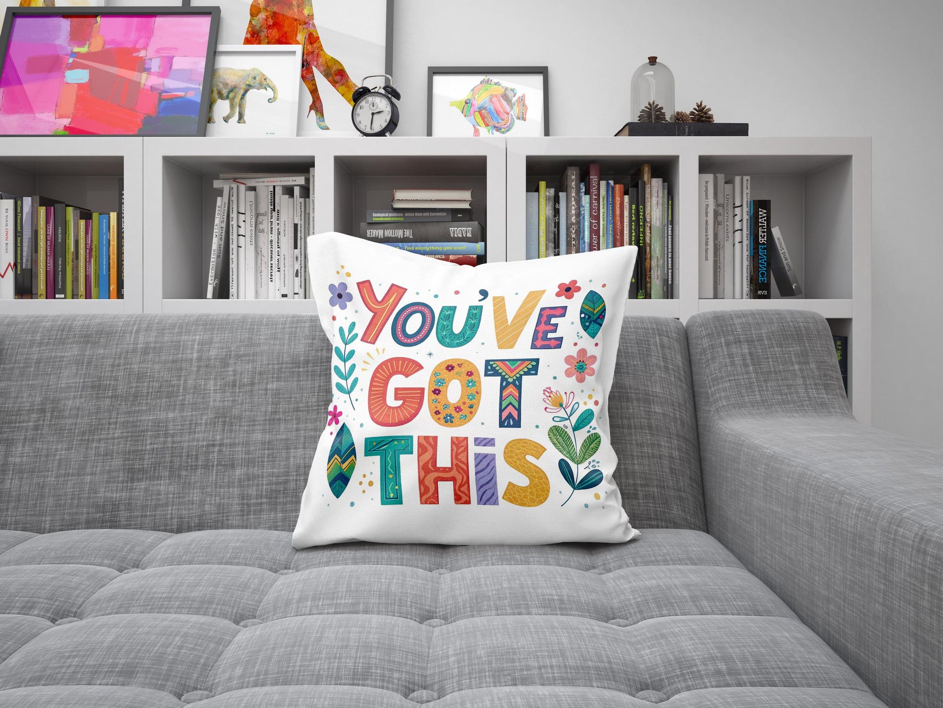 Vibrant Folk Art Pillow - You've Got This Quote - Decorative Cushion for Daily Encouragement