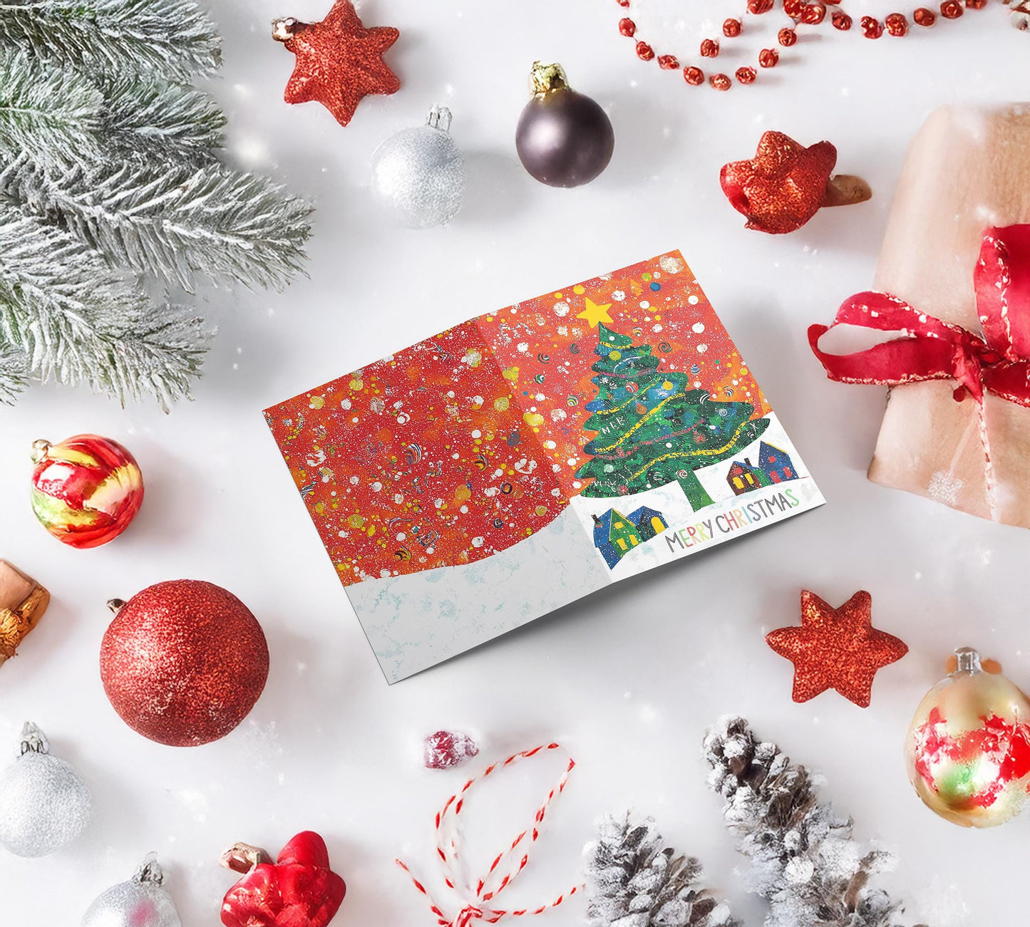 Cheerful Christmas Tree Card Whimsical Winter Scene Colorful Holiday Art George Miller