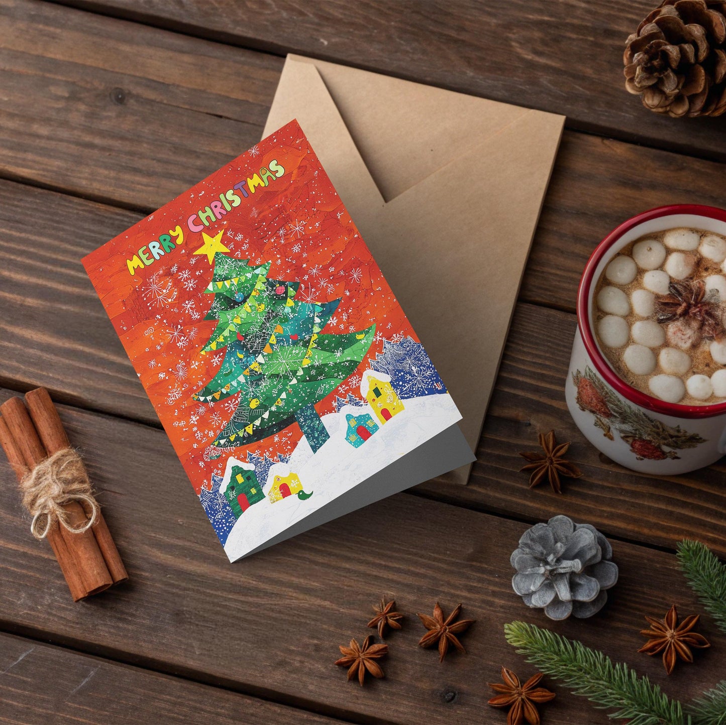 Merry Christmas Card Whimsical Tree Design Vibrant Winter Village Art Print Holiday Greeting