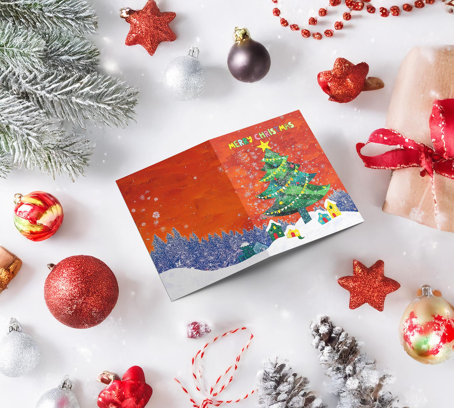 Colorful Christmas Tree Card Festive Village Scene Holiday Art Print George Miller Design