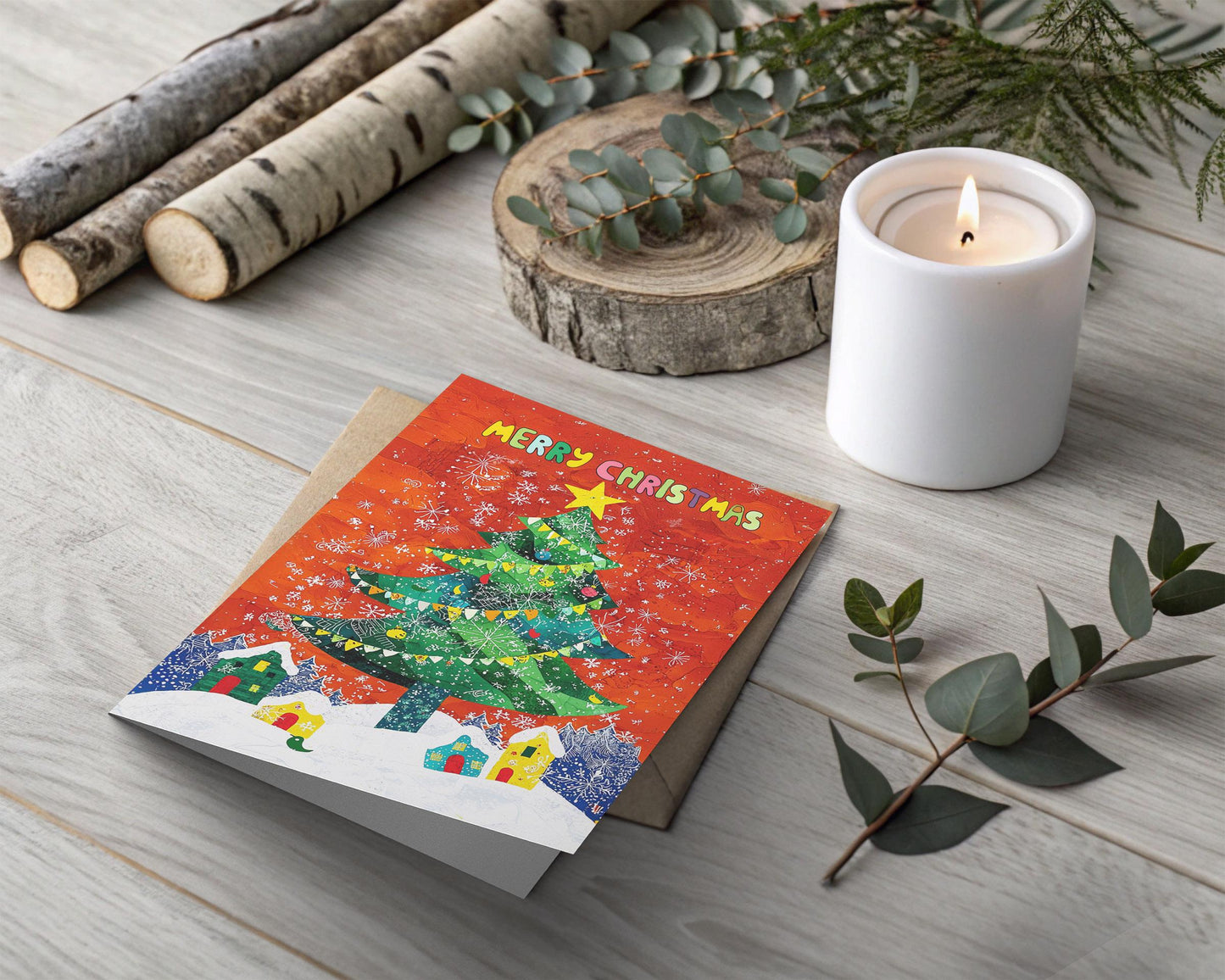 Cheerful Christmas Card Whimsical Tree Village Illustration Colorful Holiday Art Print