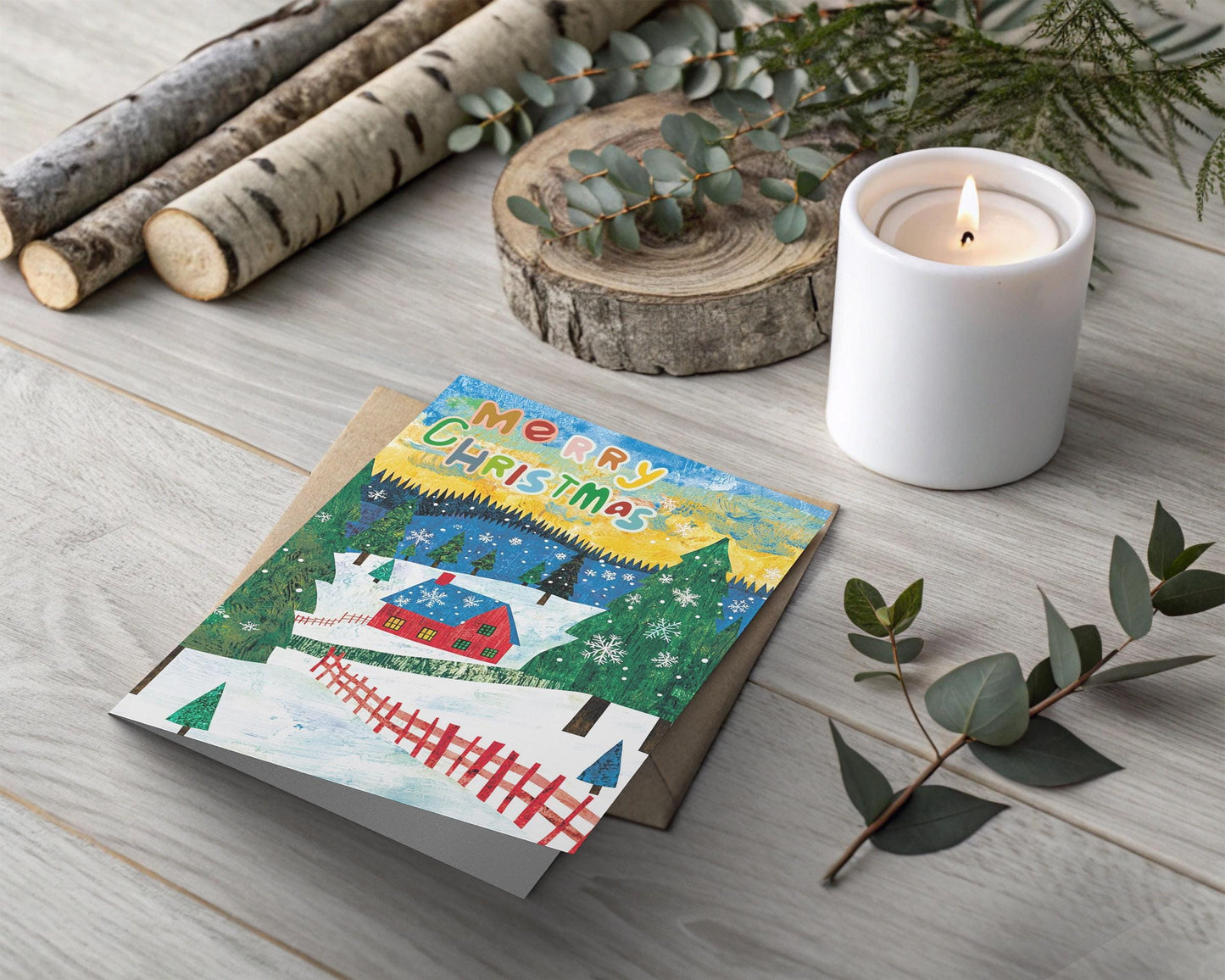 Winter Landscape Christmas Card Cozy Red House Snowy Scene Artistic Greeting George Miller